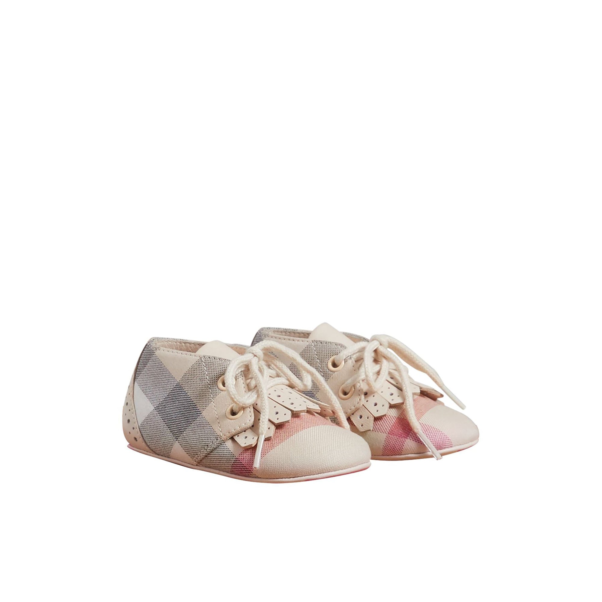 Richelieus en cuir et coton à motif check à franges - Cream