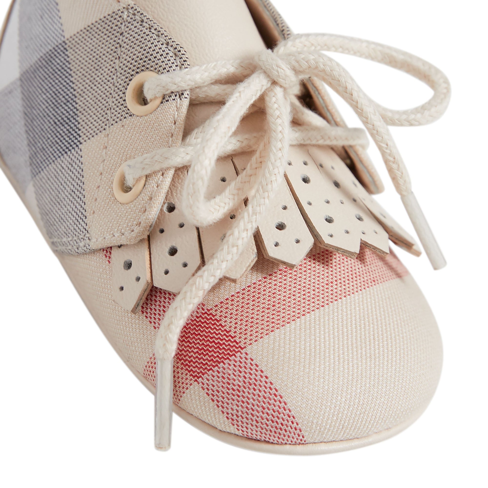 Richelieus en cuir et coton à motif check à franges - Cream