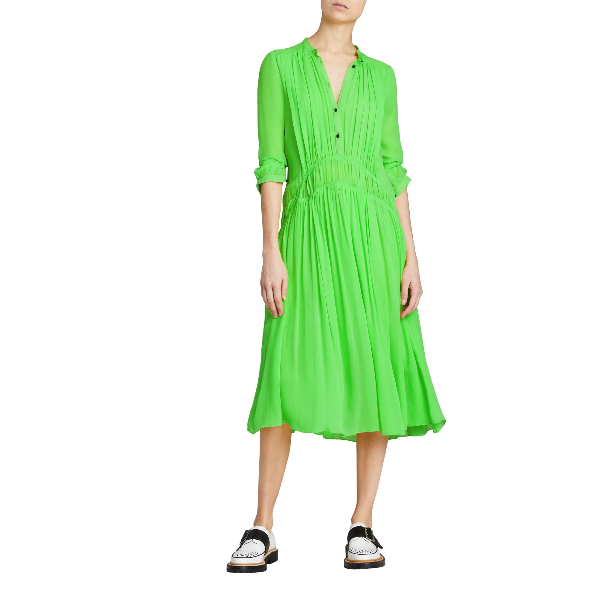 Robe en georgette de soie froncée - Neon Green