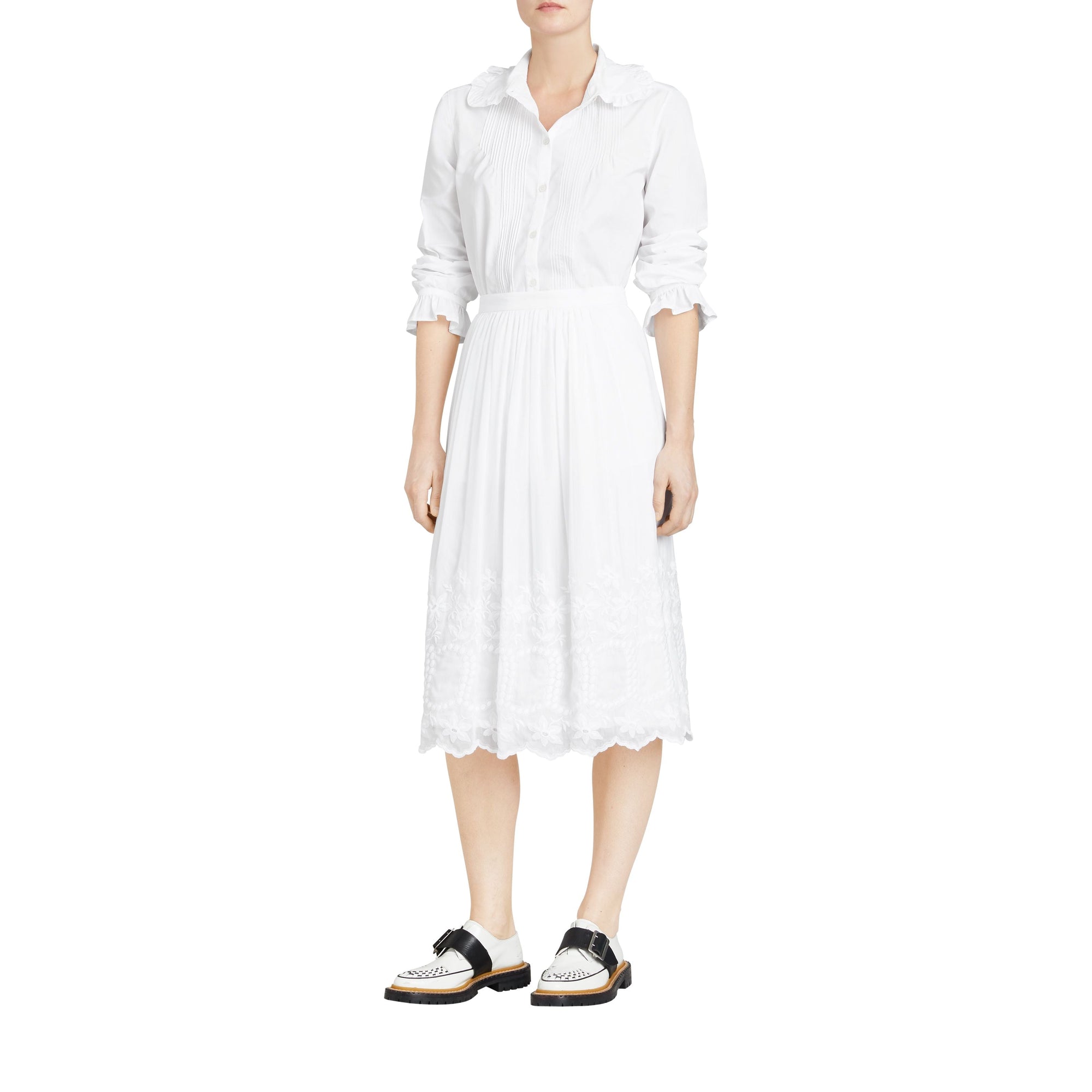 Chemise en coton à volants et nervures - White