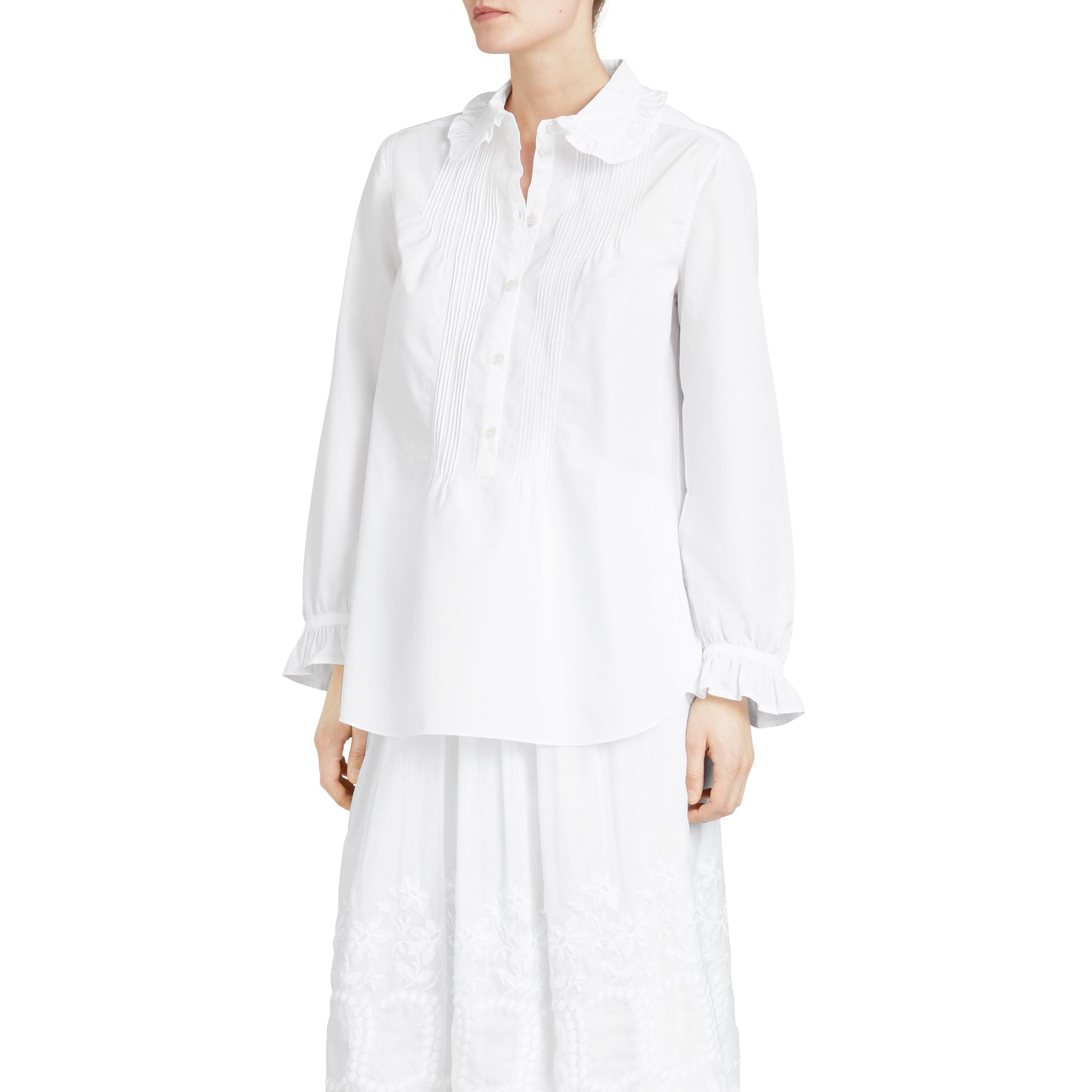Chemise en coton à volants et nervures - White