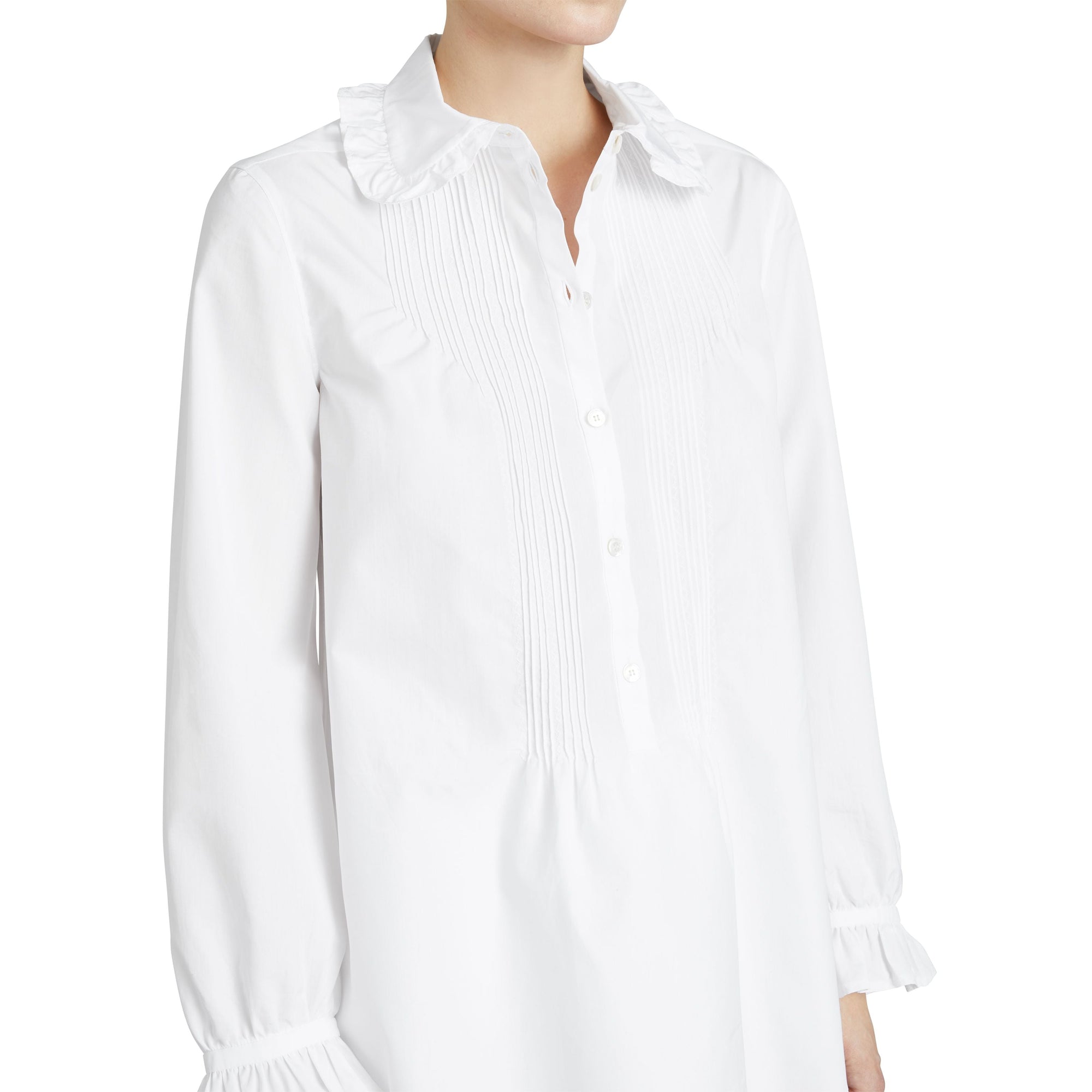 Chemise en coton à volants et nervures - White