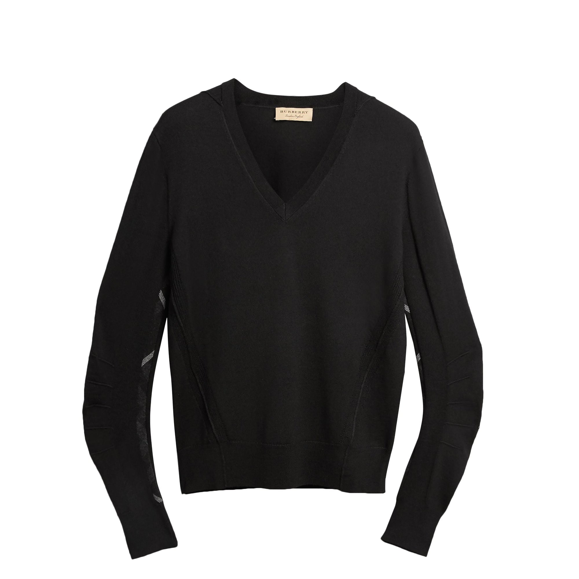 Pull en V en laine mérinos à détails check - Black