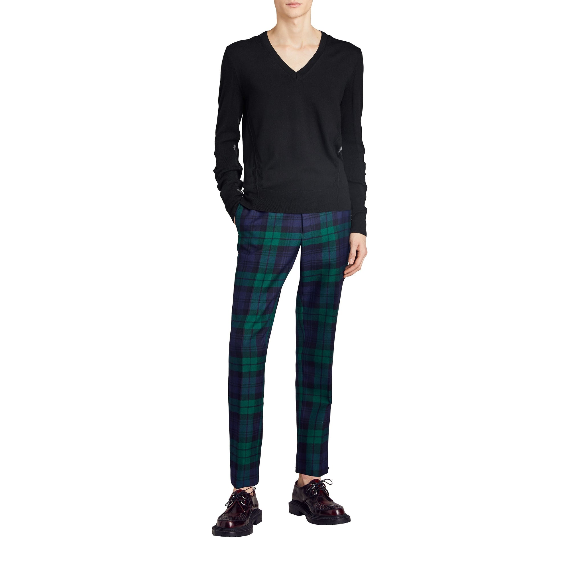 Pull en V en laine mérinos à détails check - Black