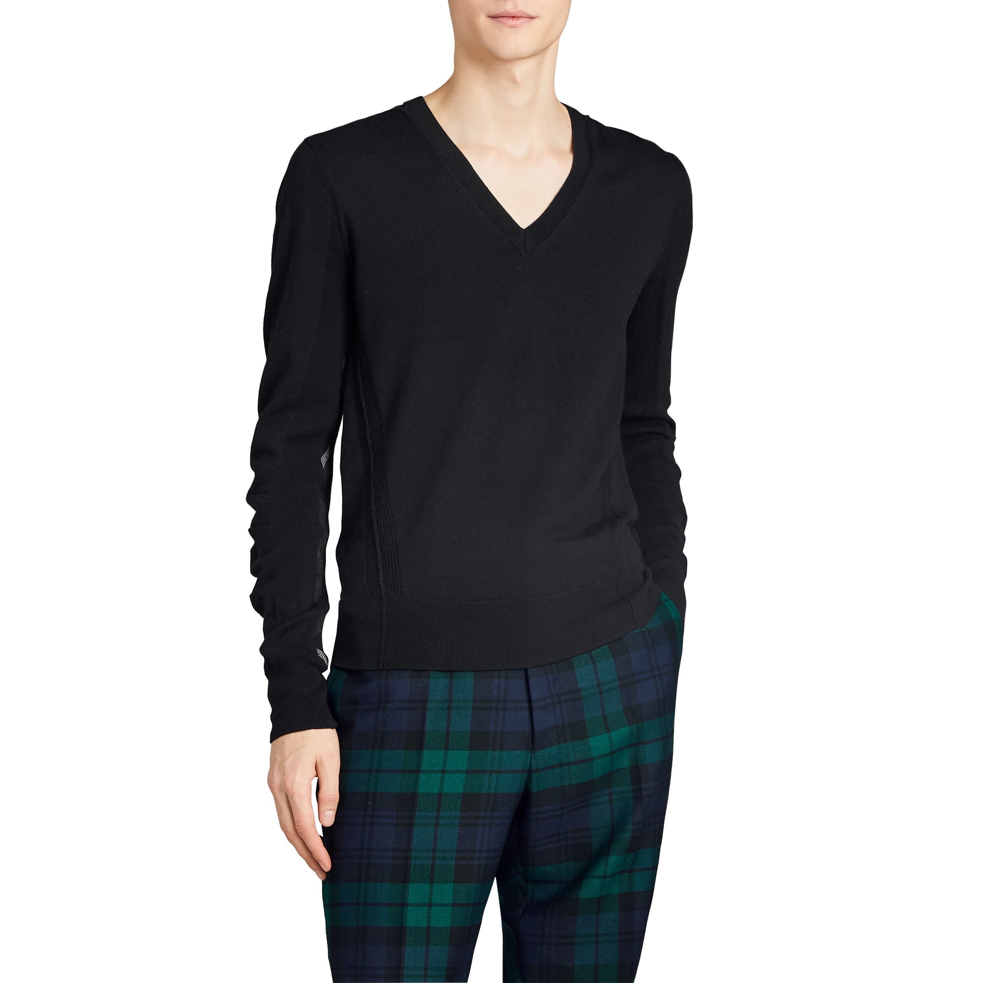 Pull en V en laine mérinos à détails check - Black