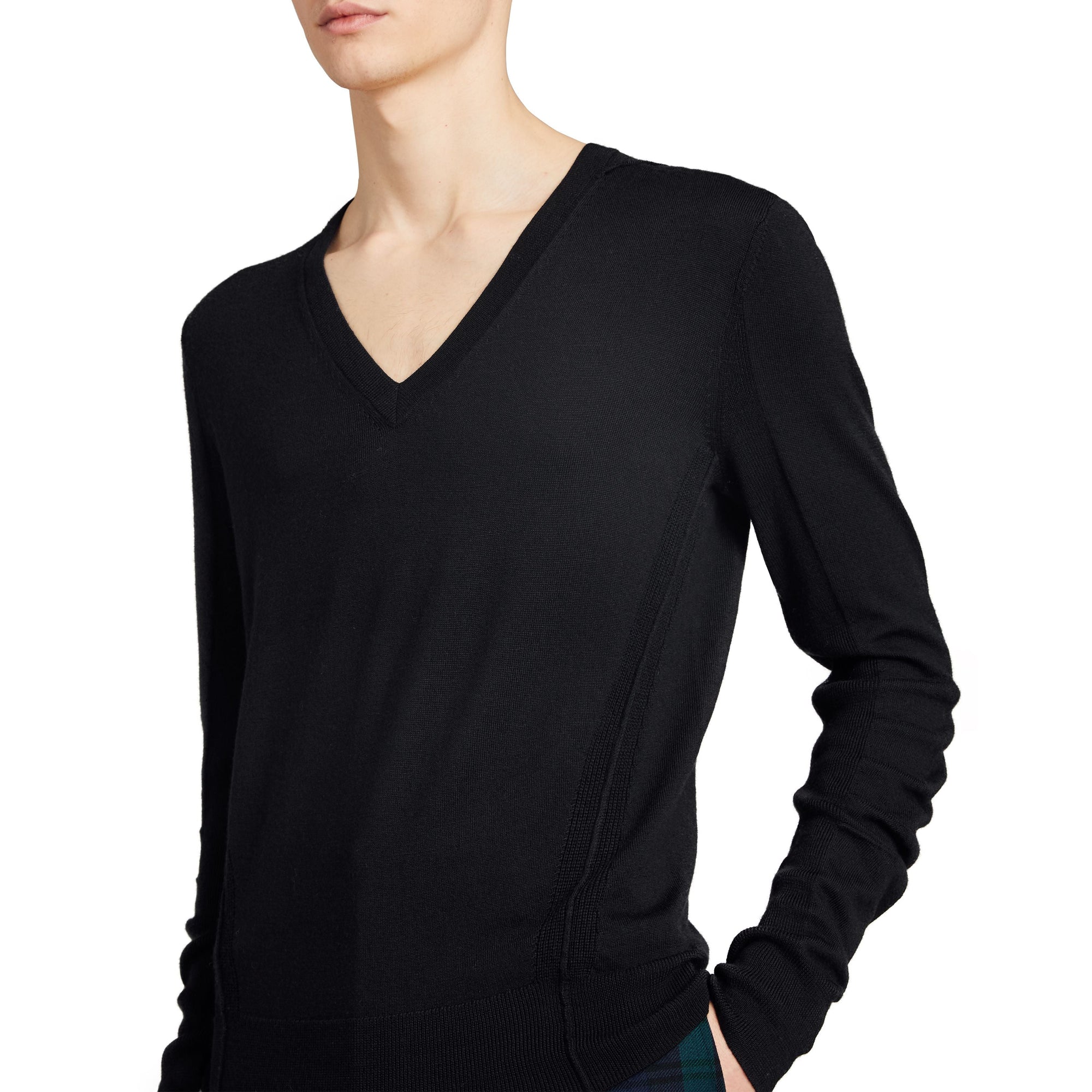 Pull en V en laine mérinos à détails check - Black