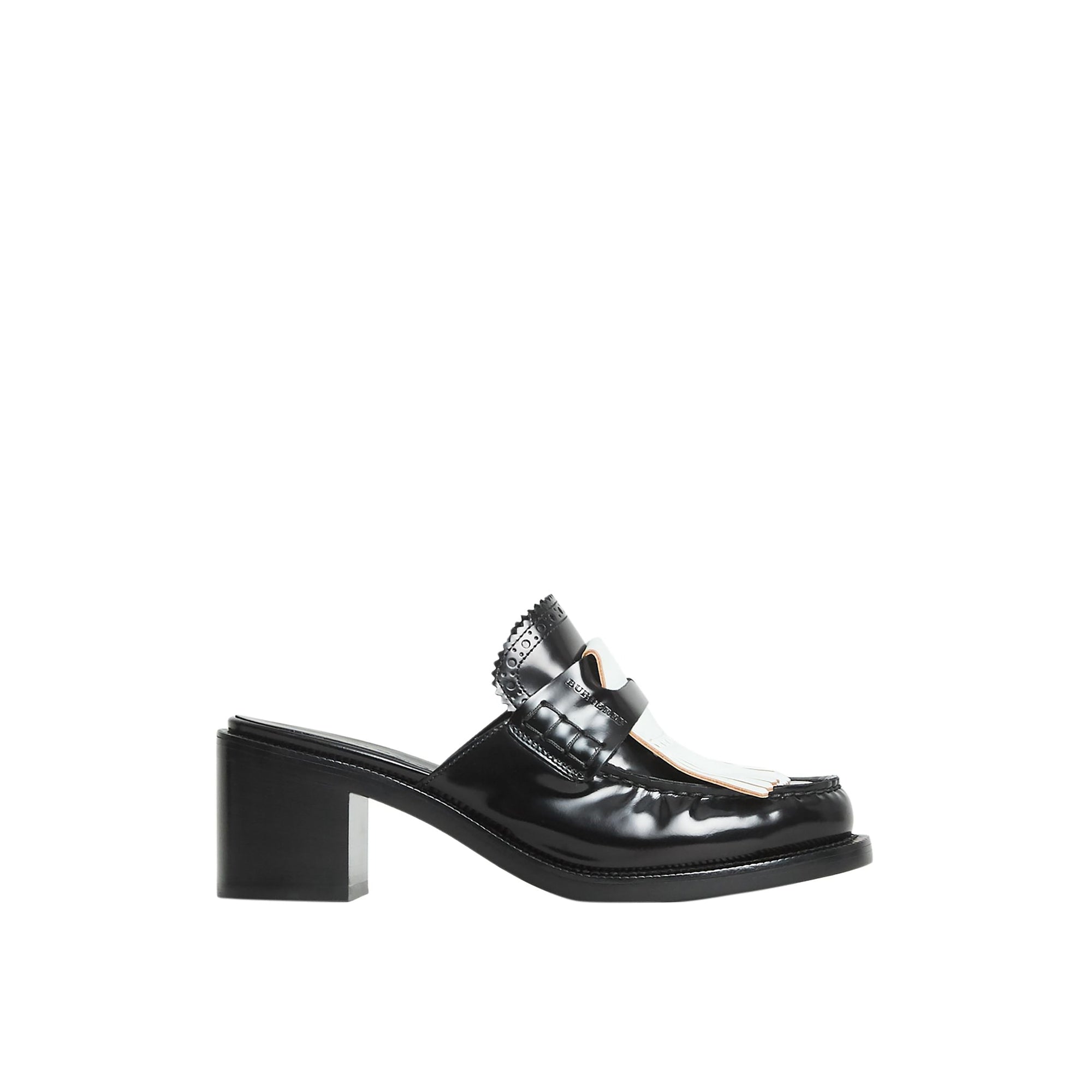 Mules à talon en cuir et franges contrastantes - Black