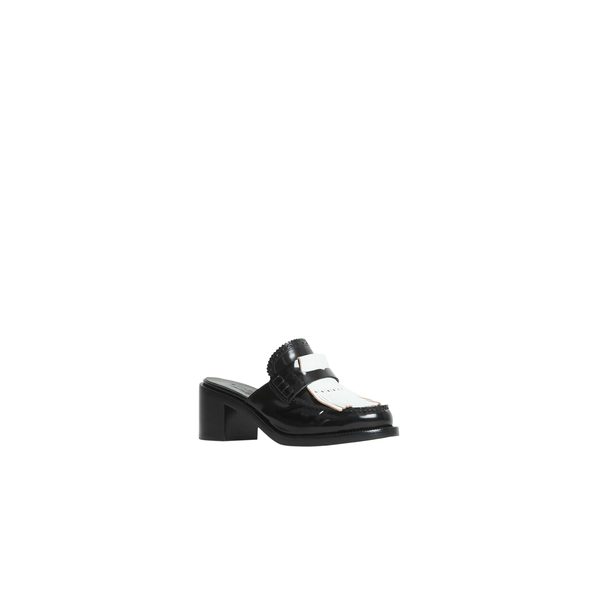 Mules à talon en cuir et franges contrastantes - Black