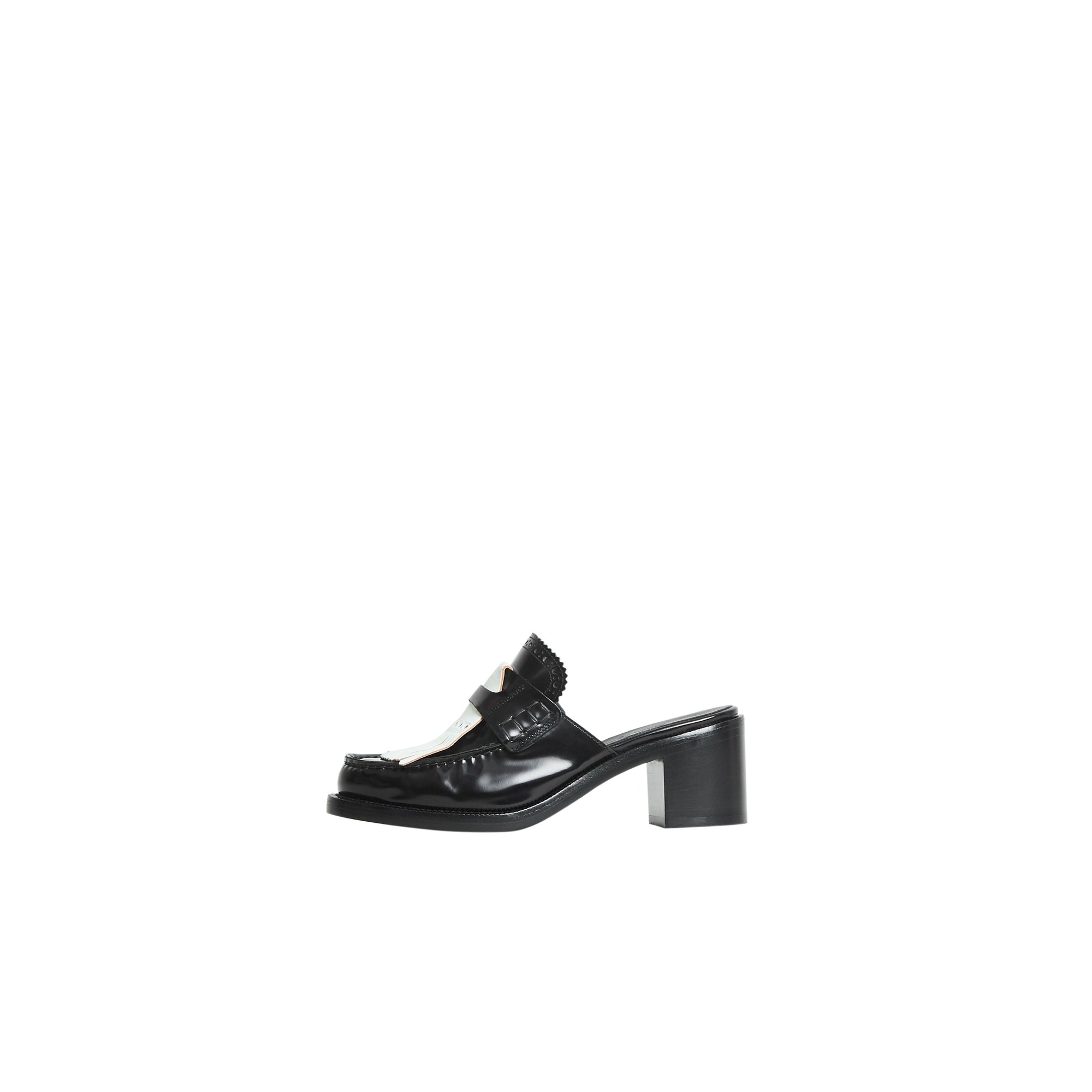 Mules à talon en cuir et franges contrastantes - Black