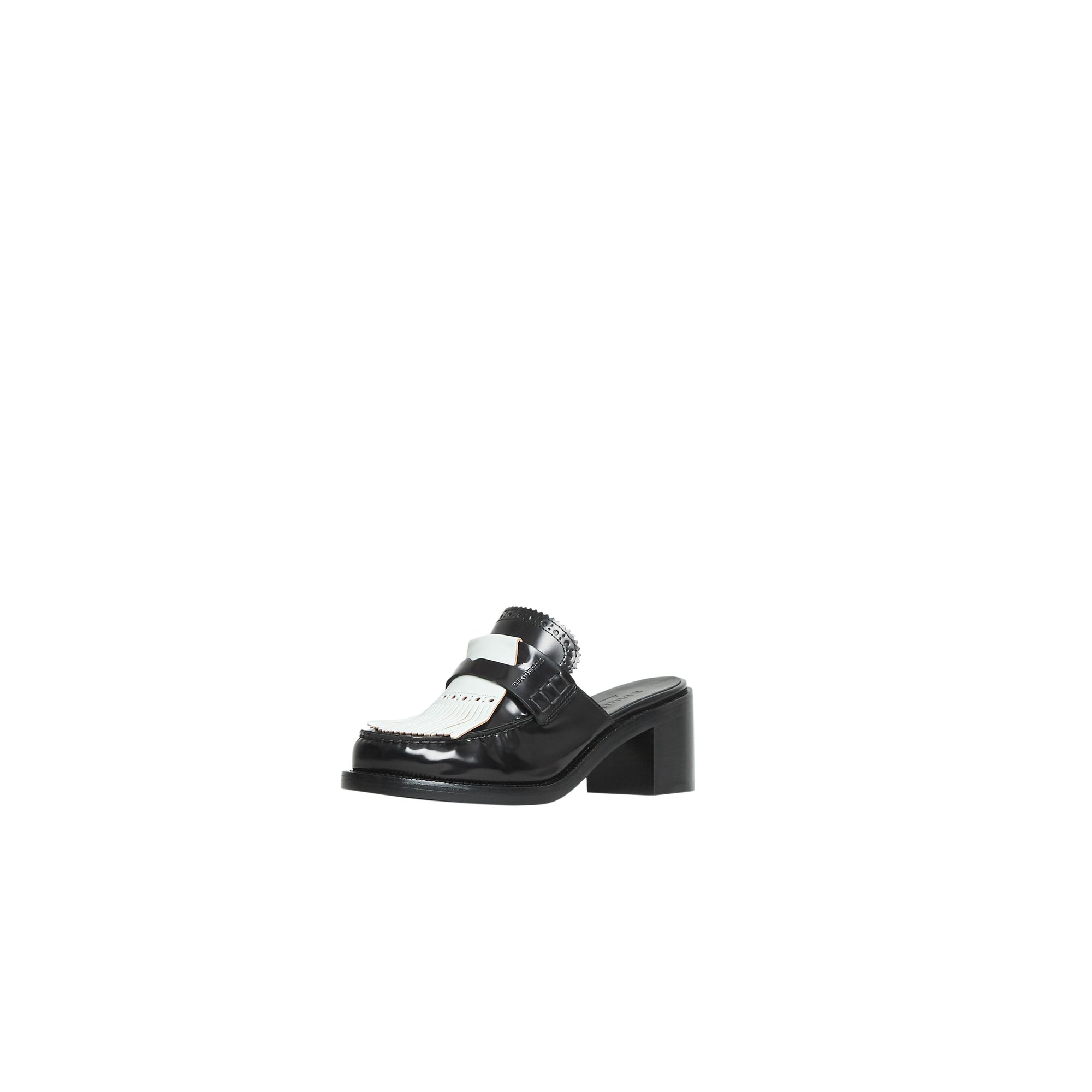 Mules à talon en cuir et franges contrastantes - Black