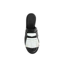 Mules à talon en cuir et franges contrastantes - Black