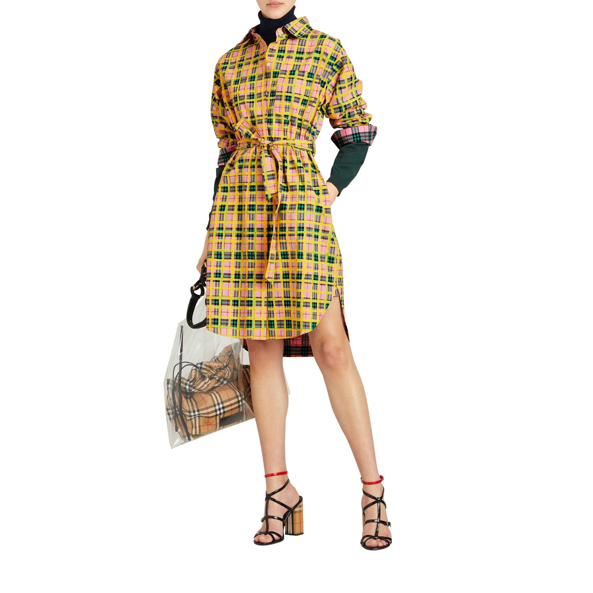 Robe chemise ceinturée à motif Check peint - Bright Coral Pink