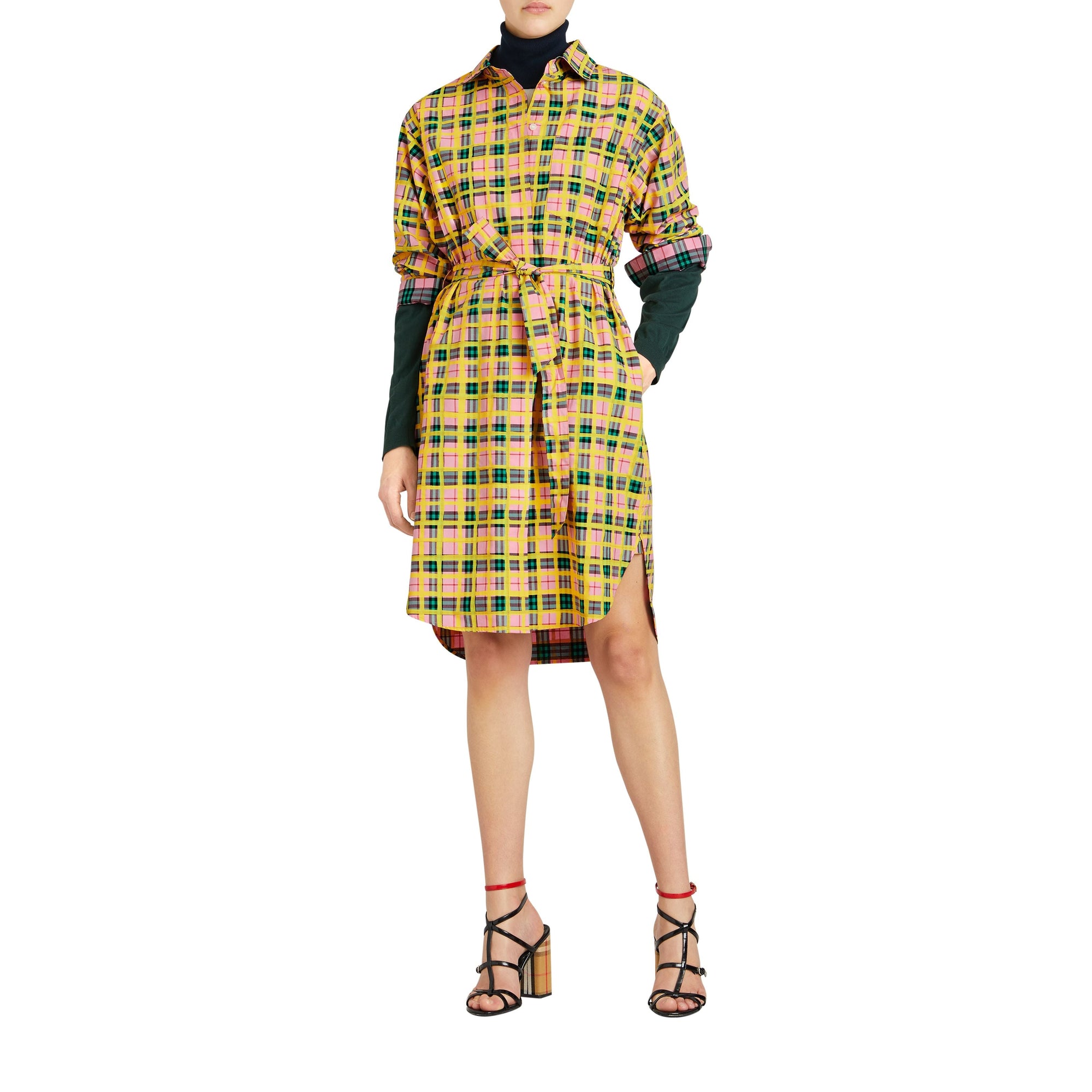 Robe chemise ceinturée à motif Check peint - Bright Coral Pink