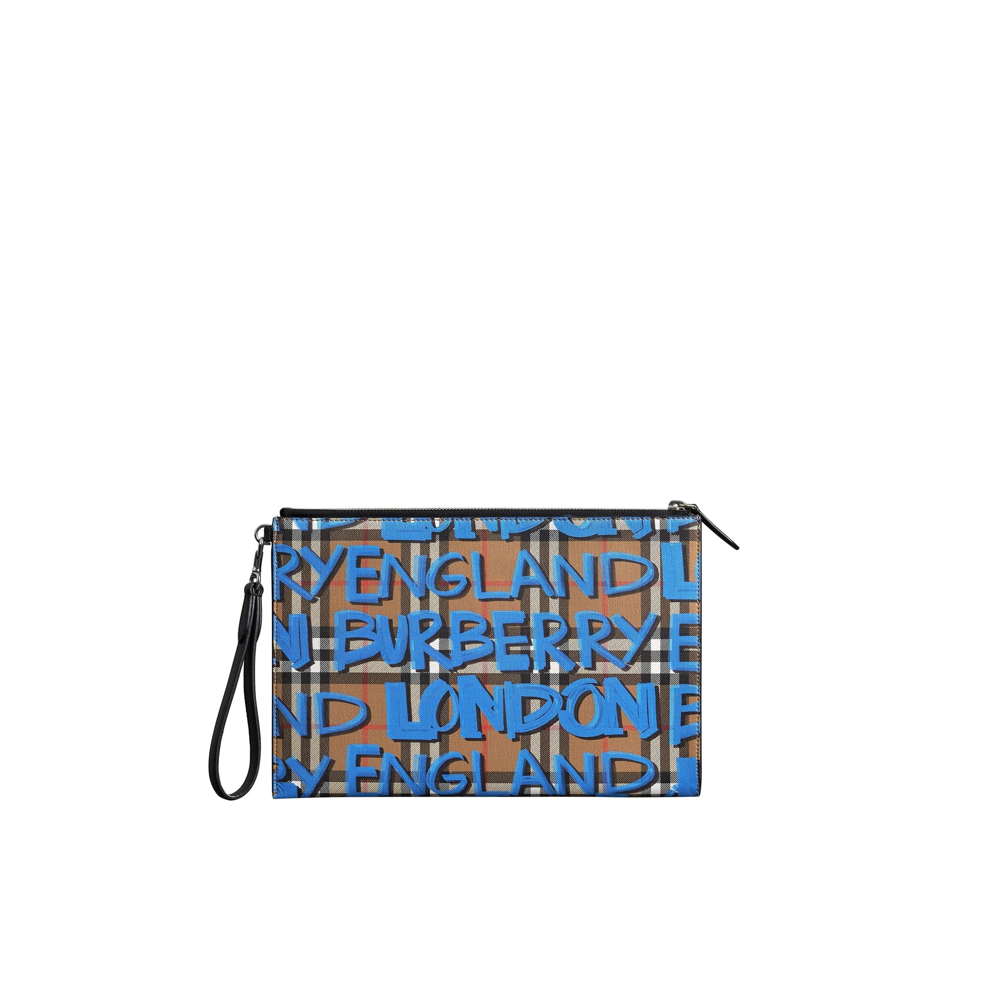 Pochette zippée en cuir à motif Vintage check - Canvas Blue & Antique Yellow