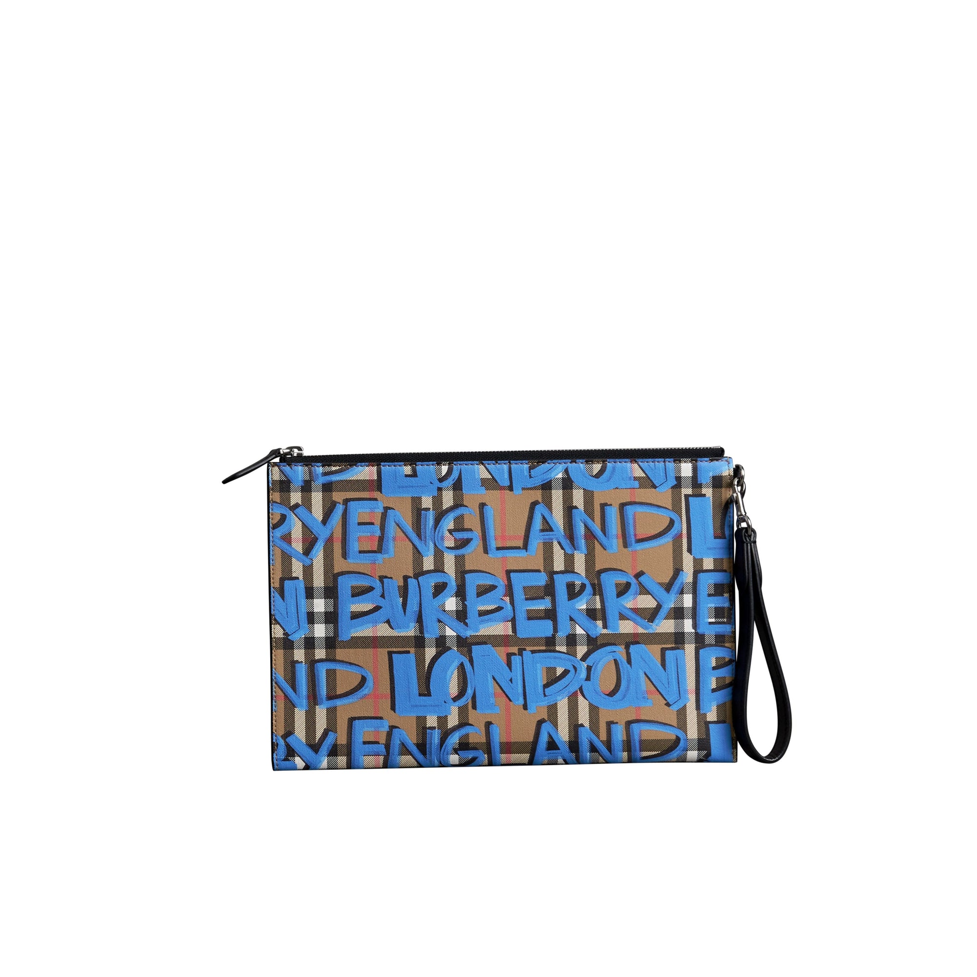 Pochette zippée en cuir à motif Vintage check - Canvas Blue & Antique Yellow