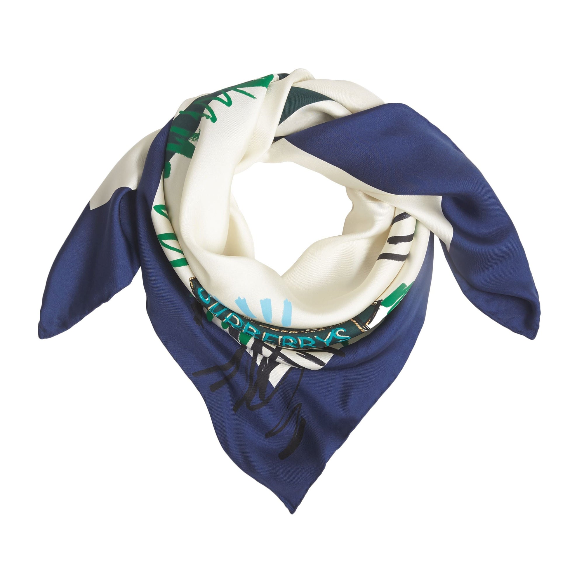 Carré de soie à motif écusson d'archive griffonné - Bright Navy