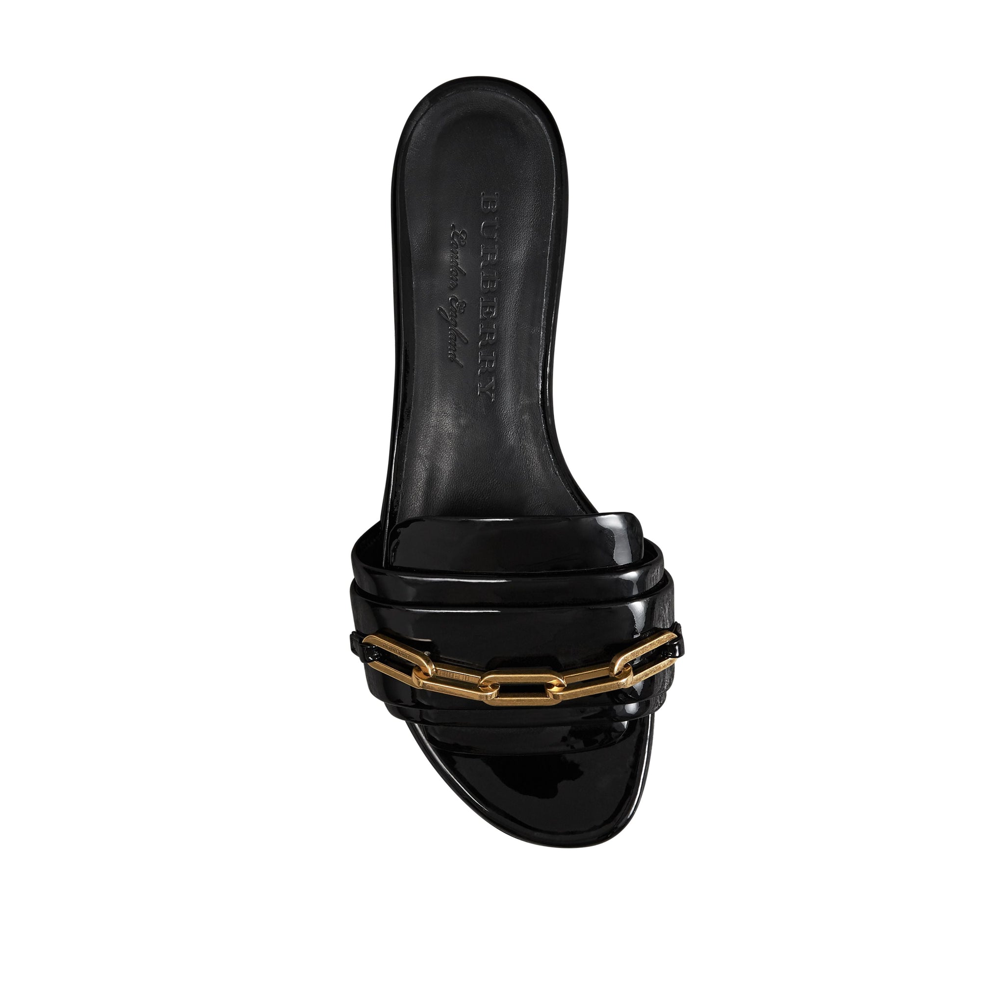 Mules plates en cuir verni à chaîne - Black