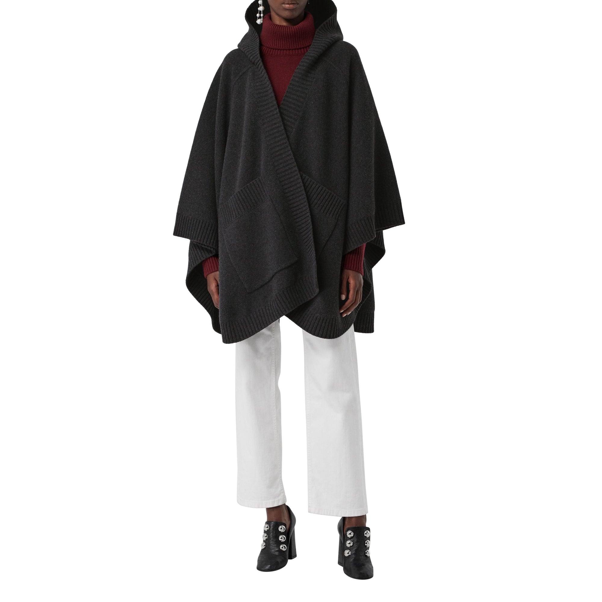 Cape à capuche en laine mélangée avec écusson jacquard - Charcoal