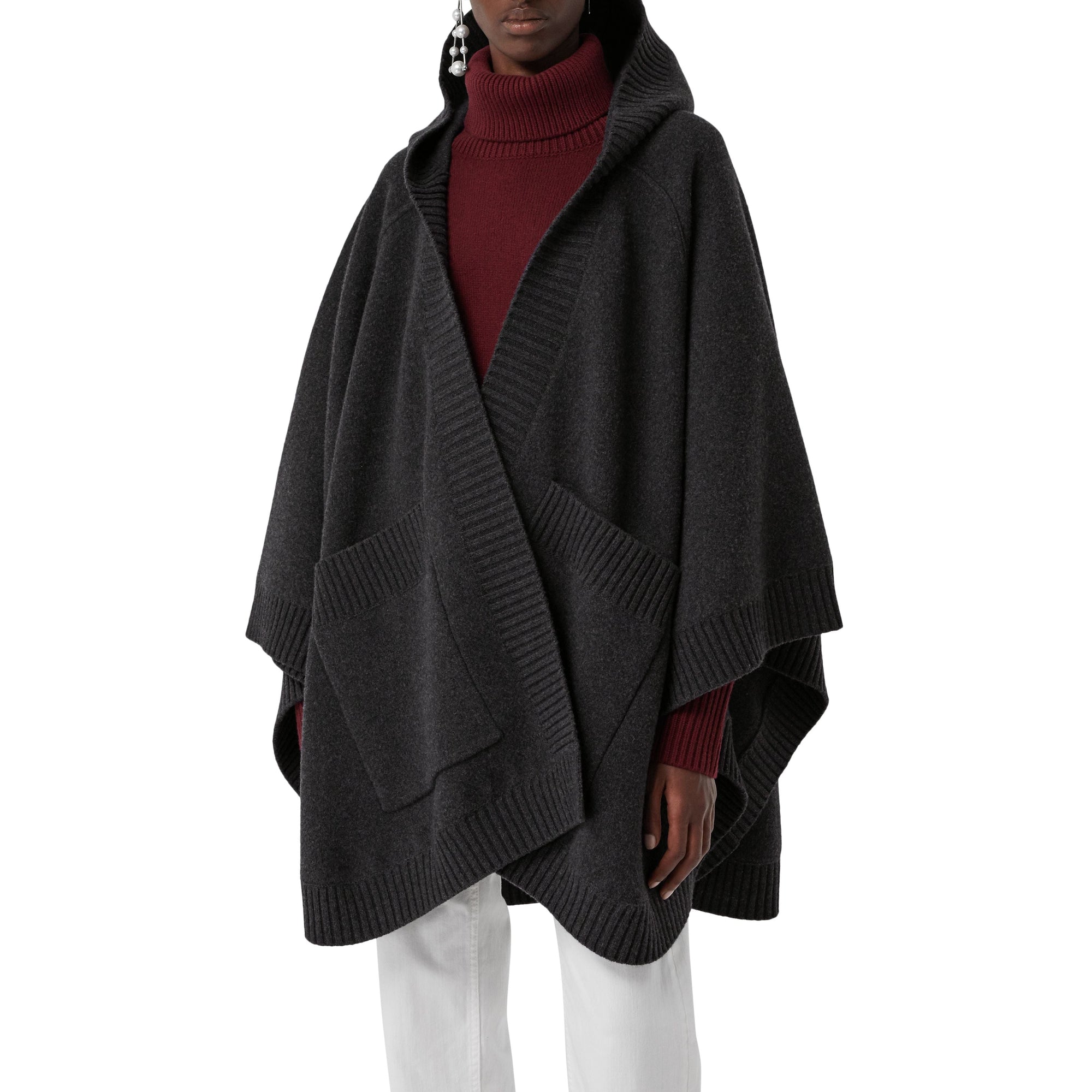 Cape à capuche en laine mélangée avec écusson jacquard - Charcoal