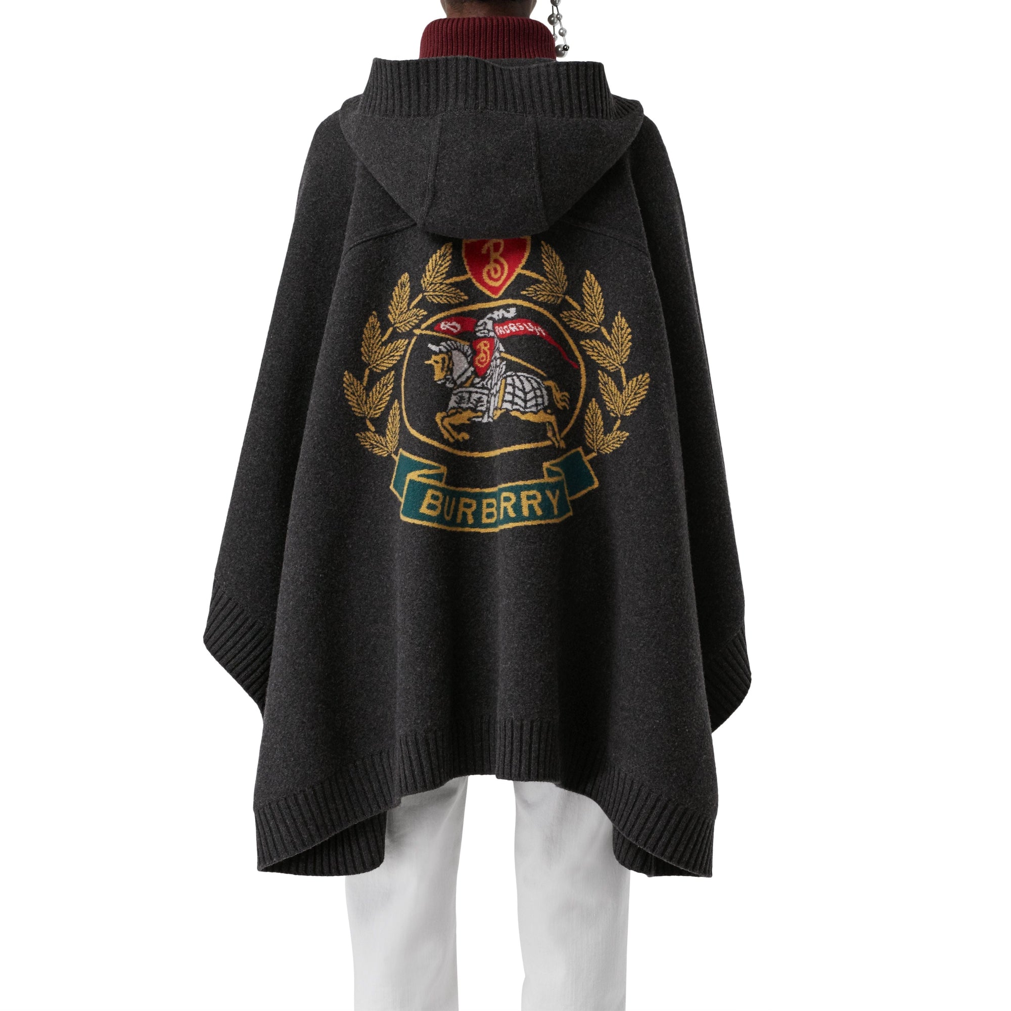 Cape à capuche en laine mélangée avec écusson jacquard - Charcoal