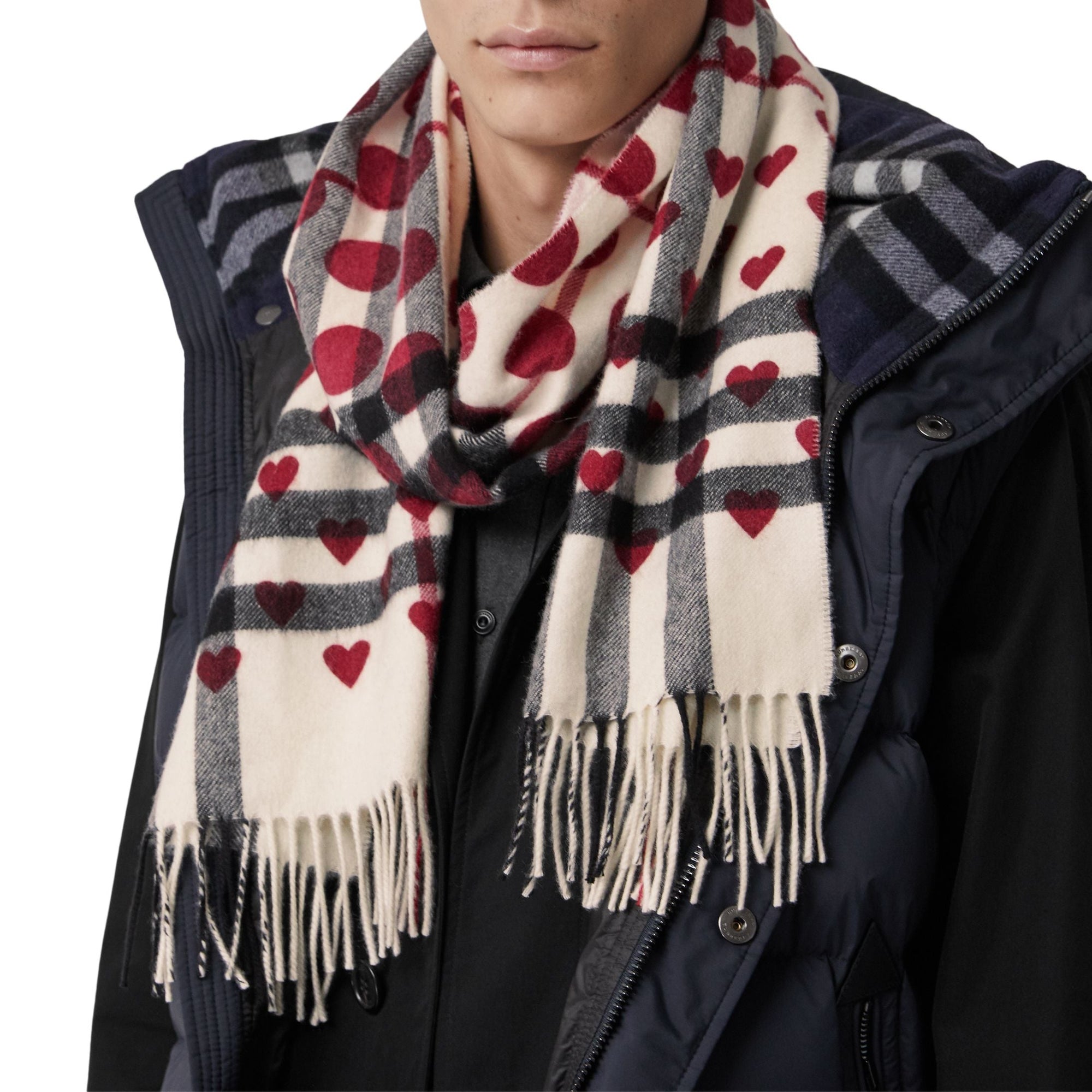 Écharpe en cachemire à motif check et cœur - Windsor Red