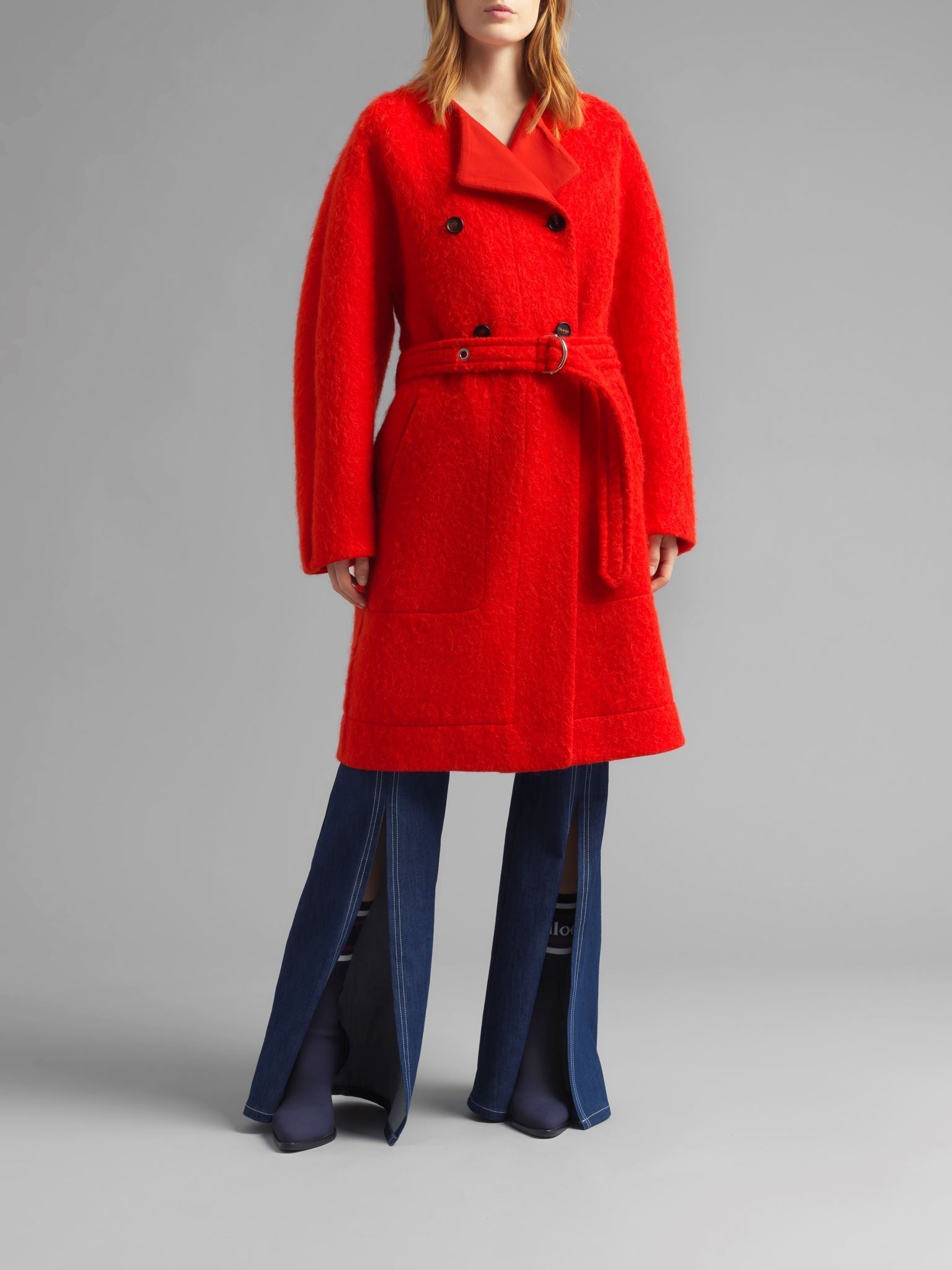 Manteau à double boutonnage et ceinturé - Rouge Montant