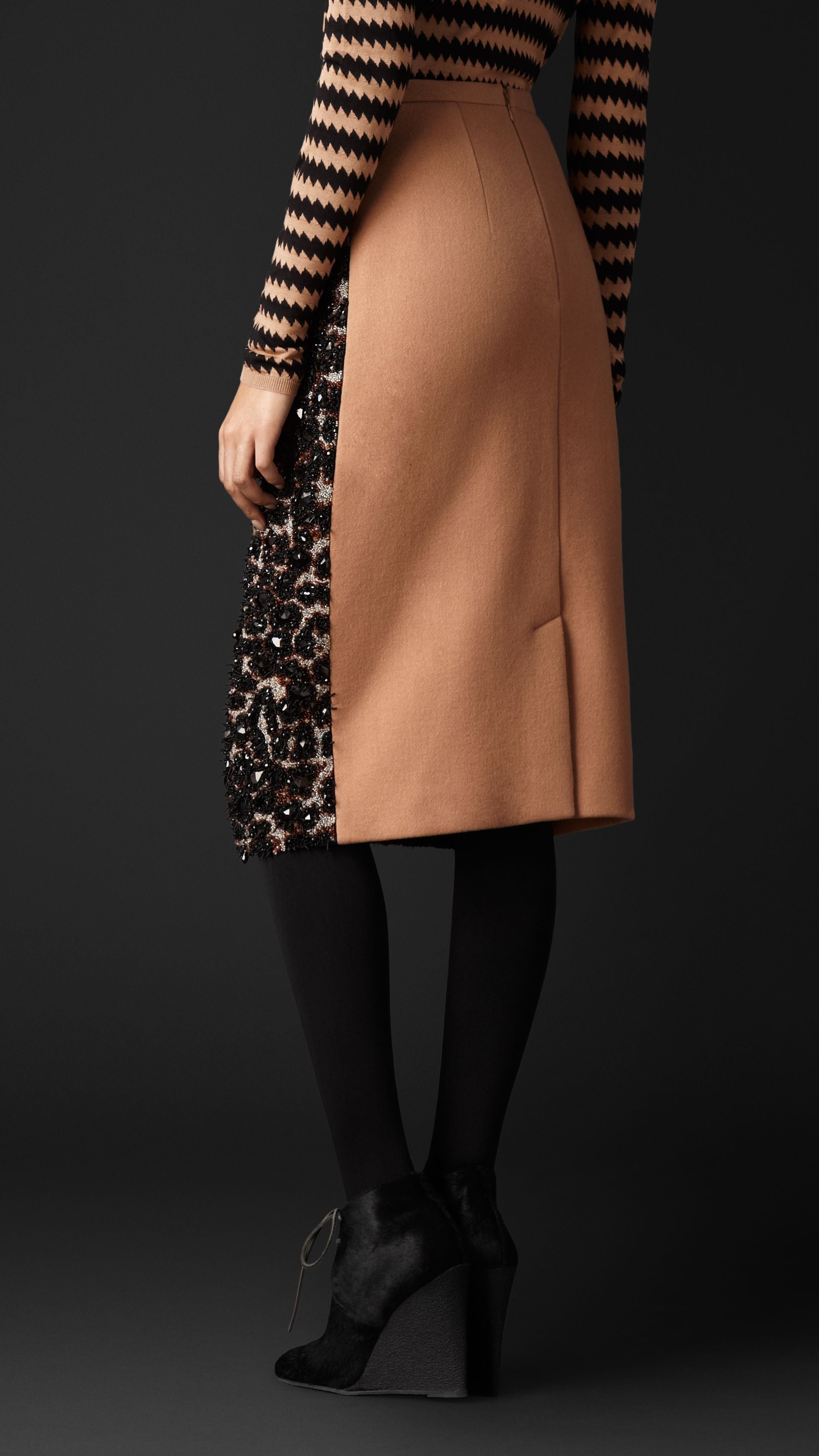 Jupe en laine extensible perlée - Mid Camel