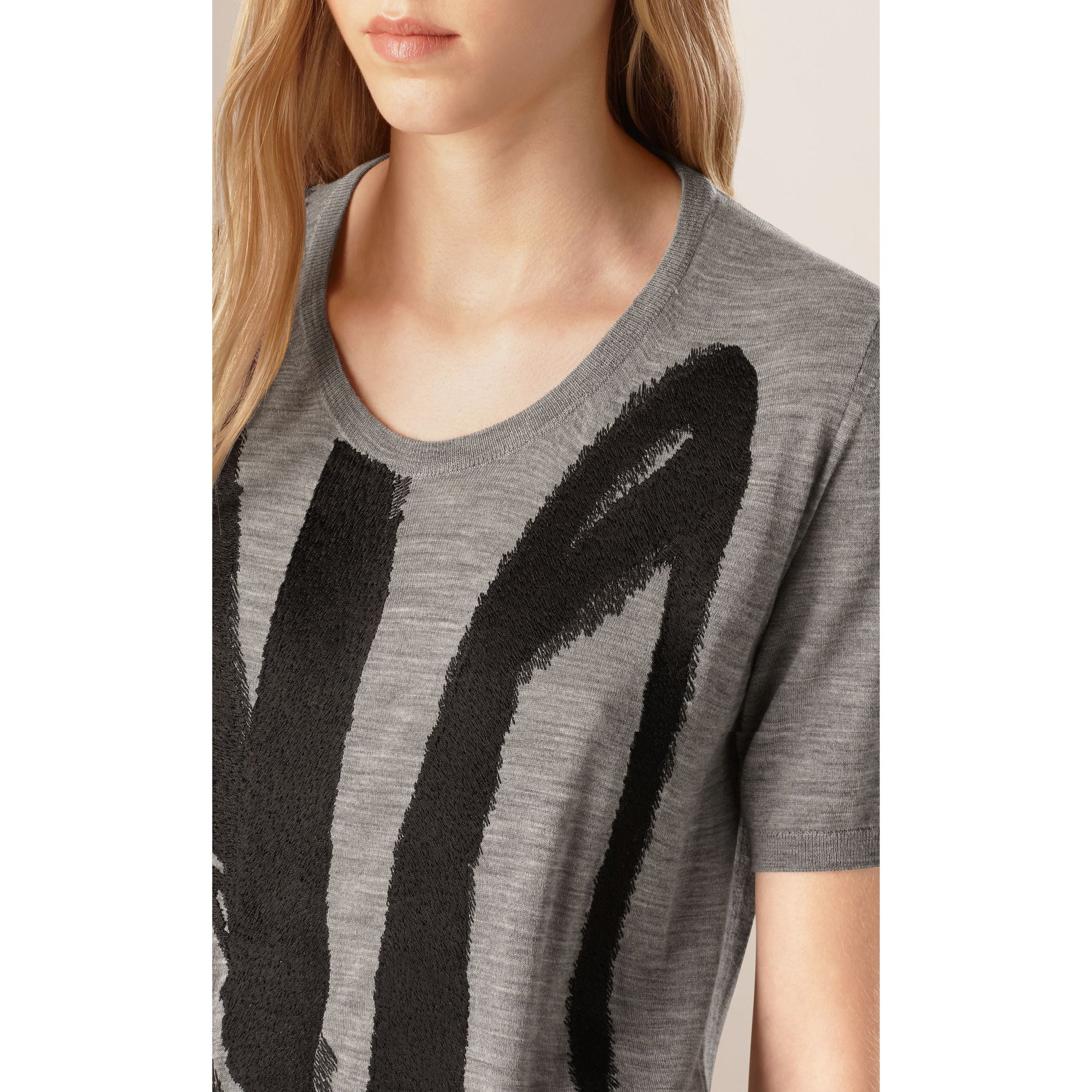 T-shirt en laine à motif coup de pinceau brodé - Light Grey & Melange Black