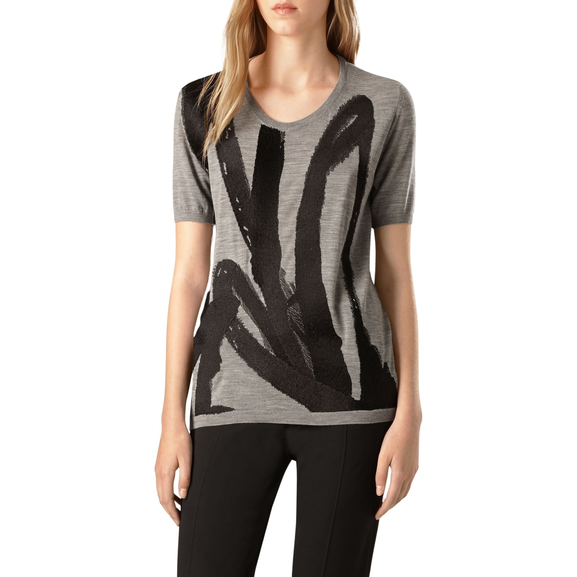 T-shirt en laine à motif coup de pinceau brodé - Light Grey & Melange Black