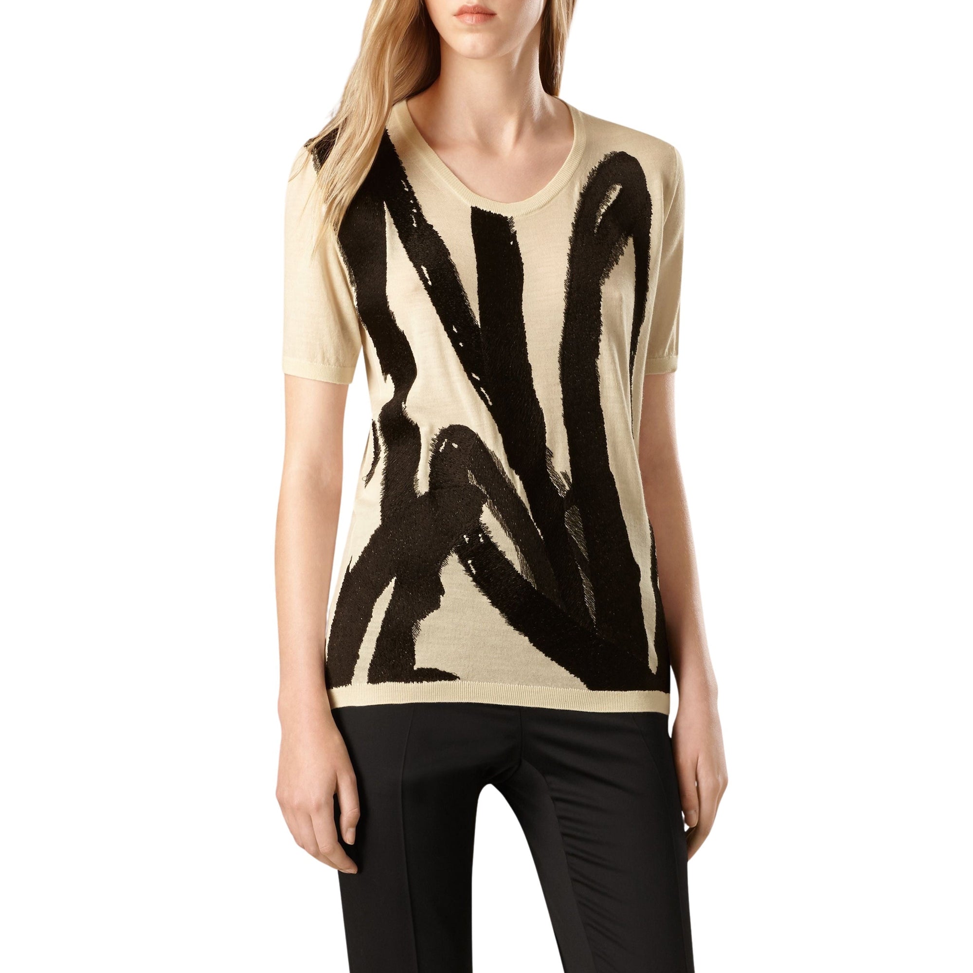 T-shirt en laine à motif coup de pinceau brodé - Natural White & Black
