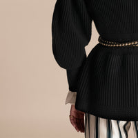 Cardigan en laine et cachemire à manches bouffantes - Black