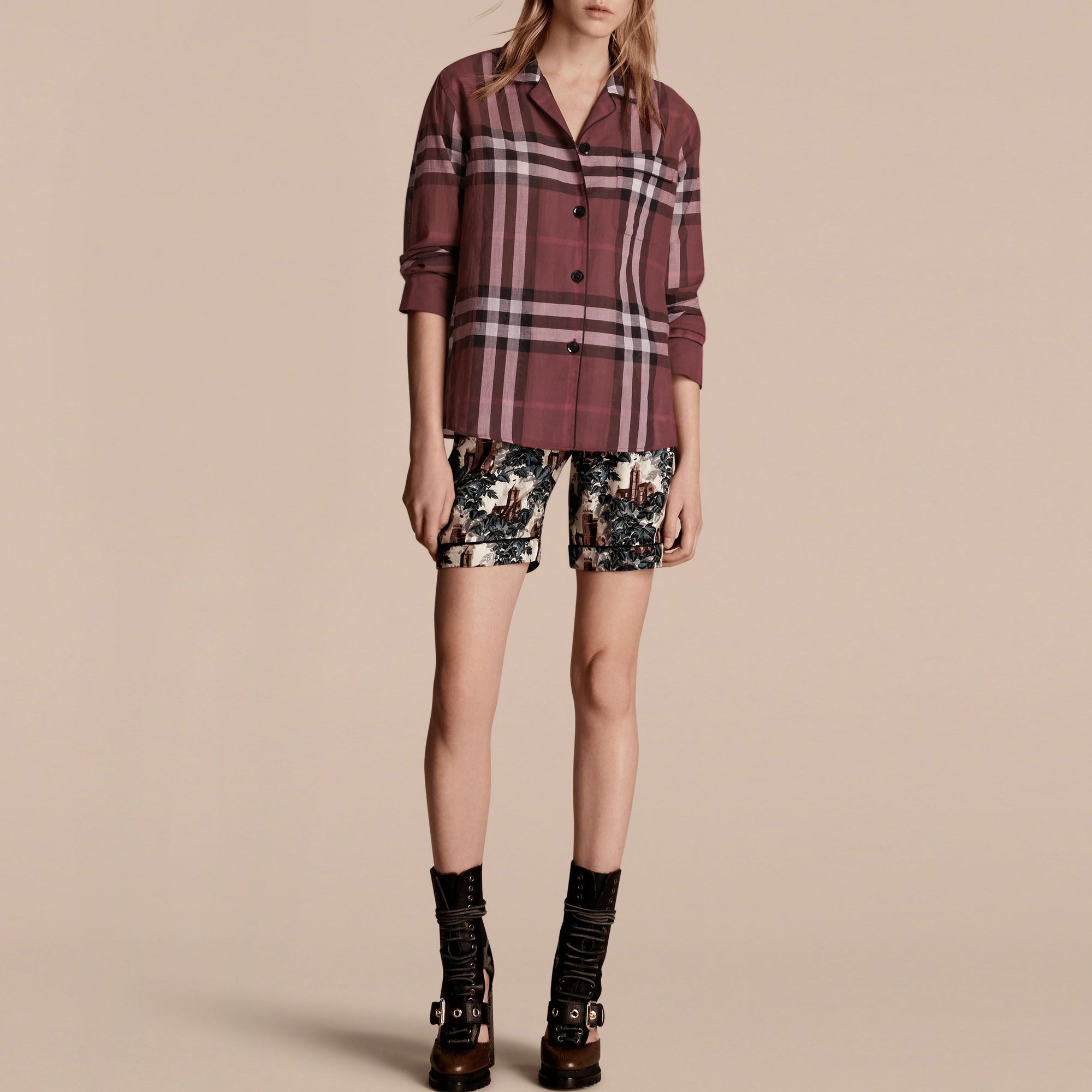 Chemise de style pyjama en coton à motif Check - Magenta Pink