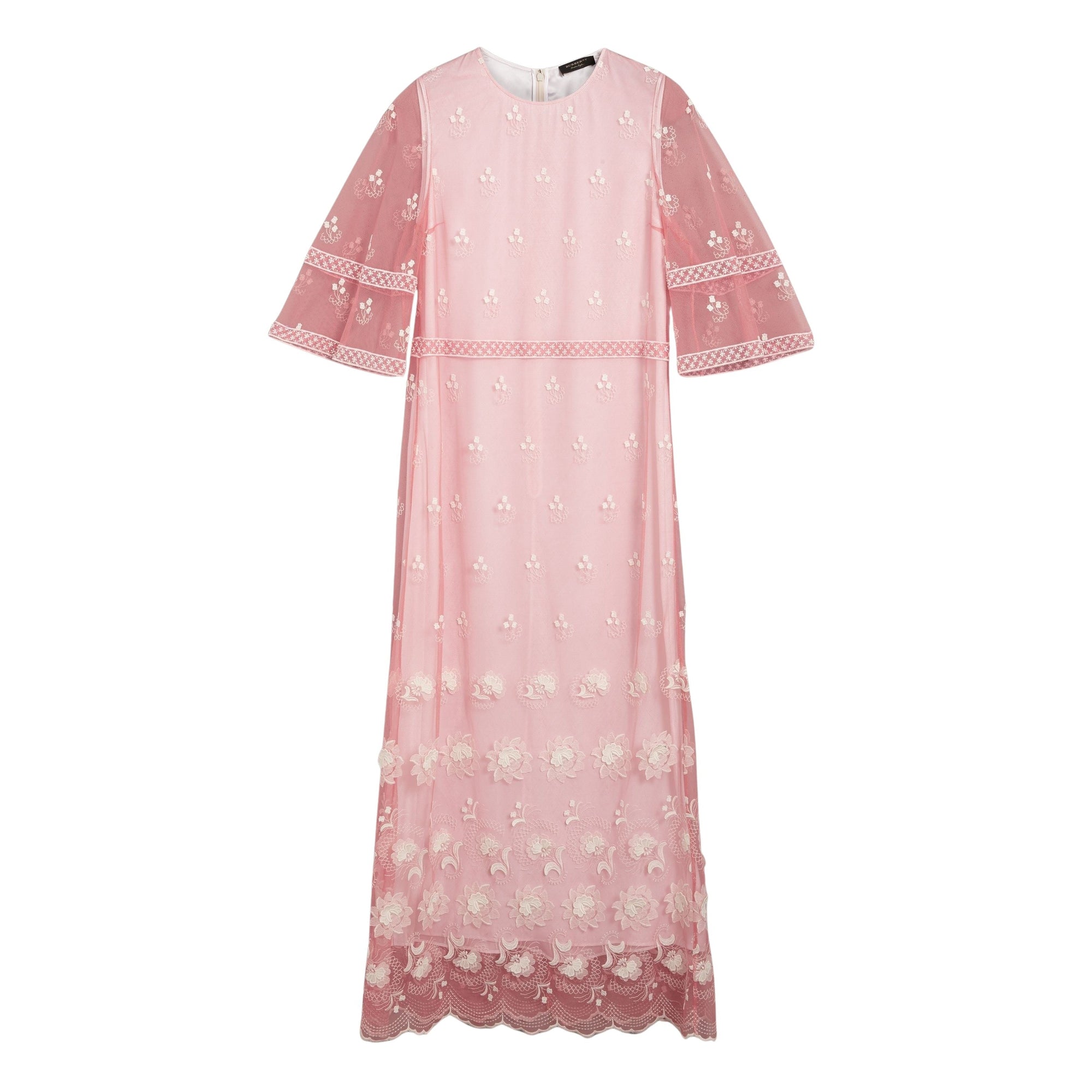 Robe à manches évasées en tulle brodée - Rose Pink & White