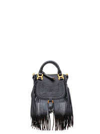 Mini sac double porté Marcie à franges en cuir - Black