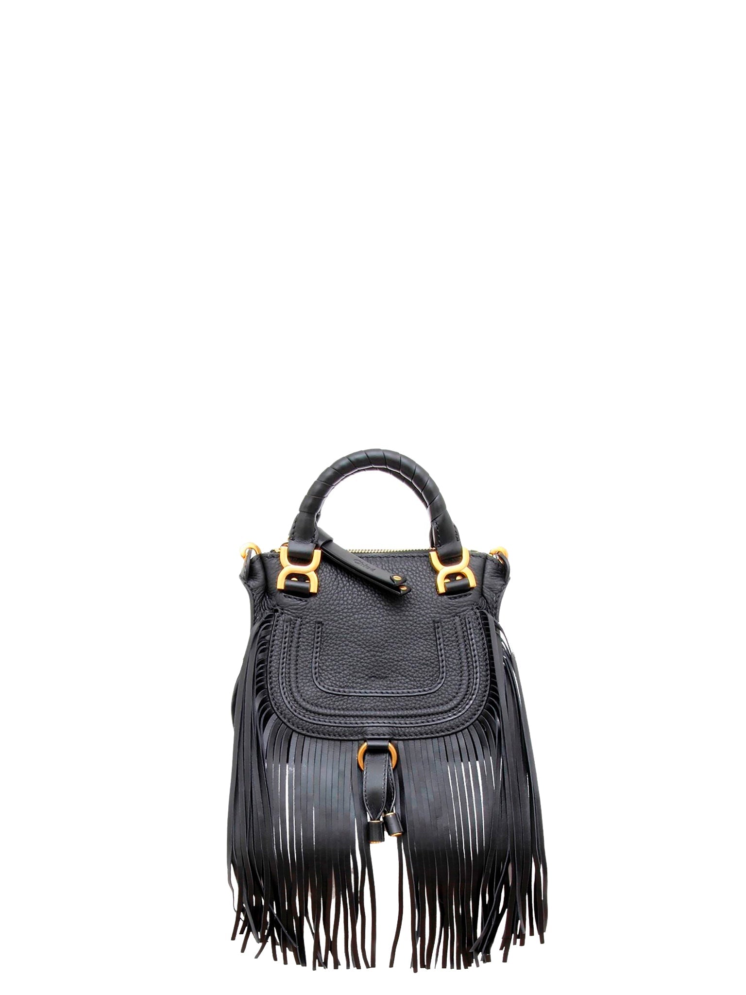 Mini sac double porté Marcie à franges en cuir - Black