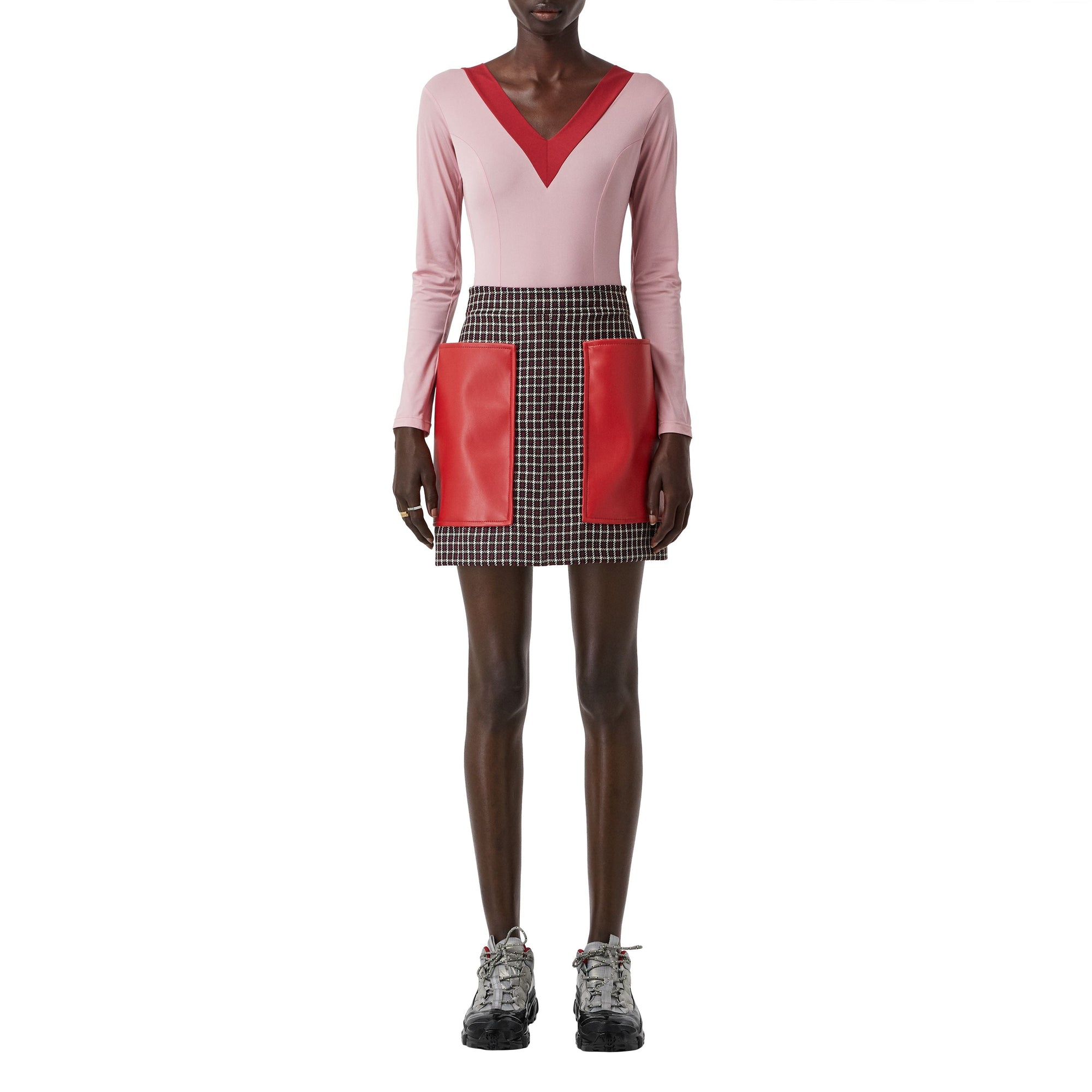 Mini-jupe en laine tartan avec poche - Bordeaux