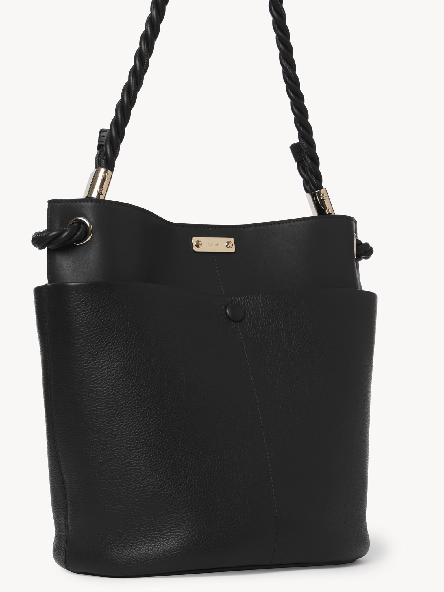 Sac seau Key en cuir lisse et grainé - Black