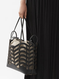 Petit sac cabas Kayan en cuir et lin - Black