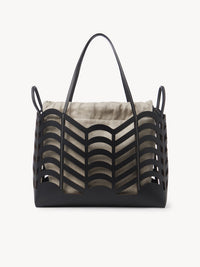 Petit sac cabas Kayan en cuir et lin - Black