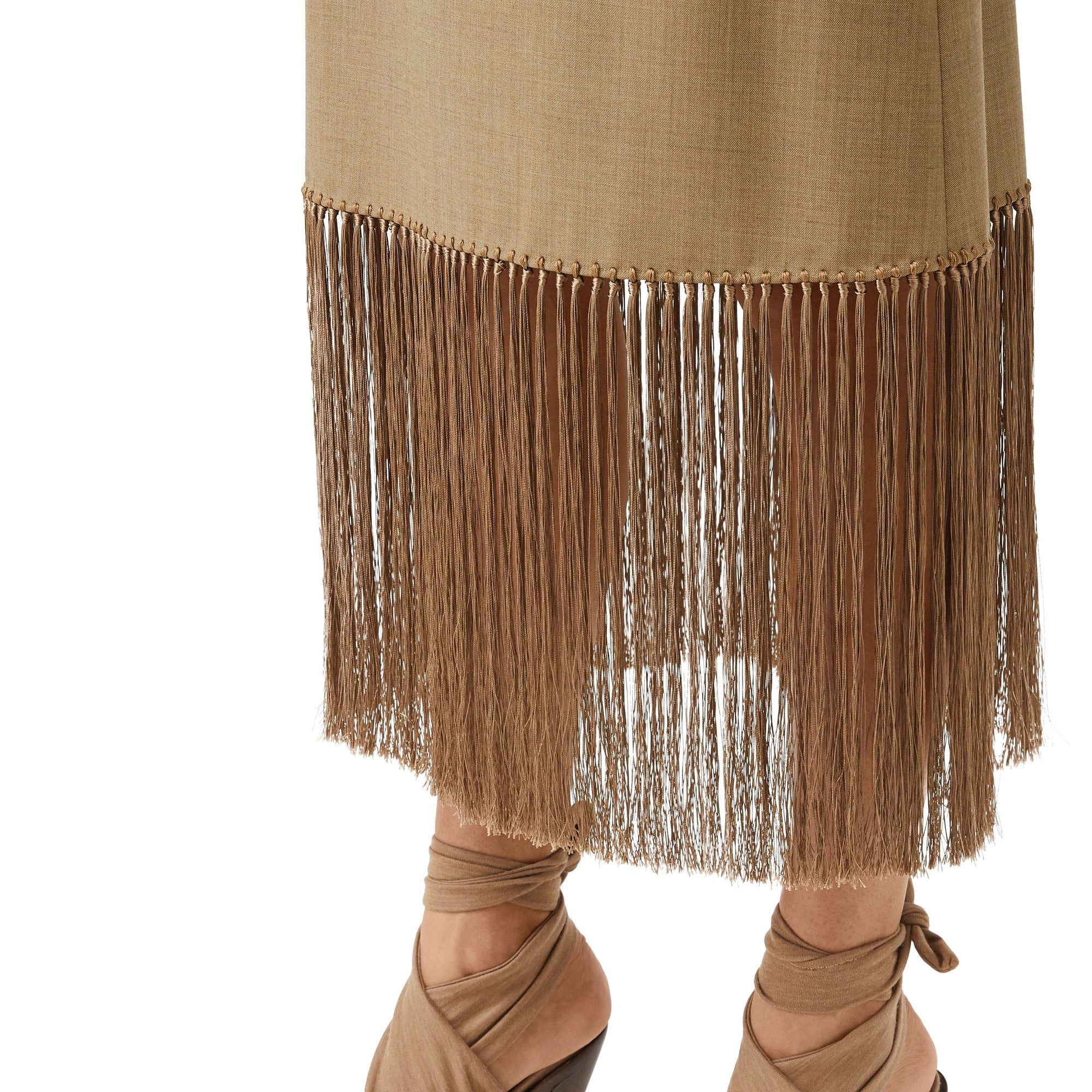 Jupe trapèze en laine et cachemire à franges - Pecan Melange