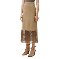 Jupe trapèze en laine et cachemire à franges - Pecan Melange