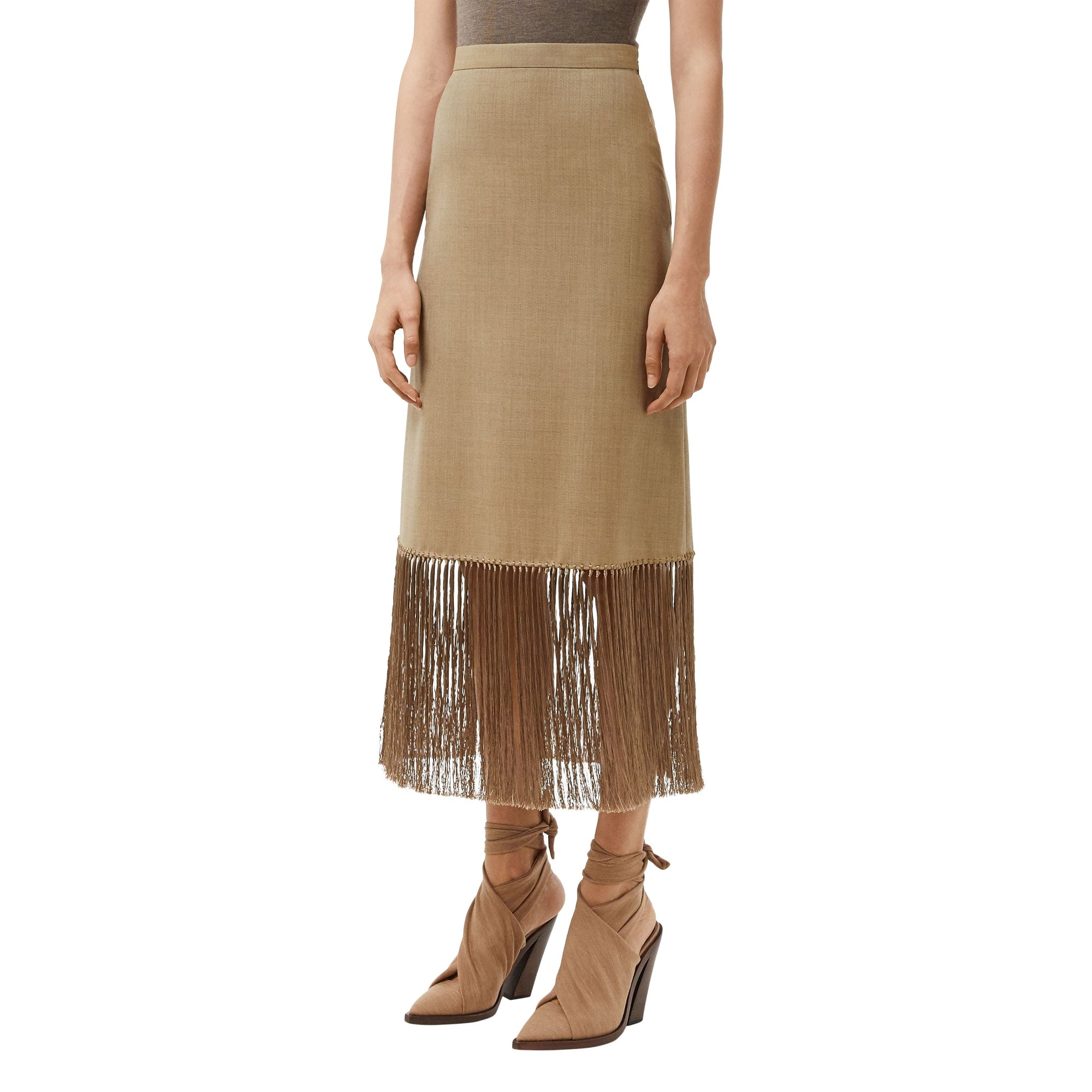 Jupe trapèze en laine et cachemire à franges - Pecan Melange