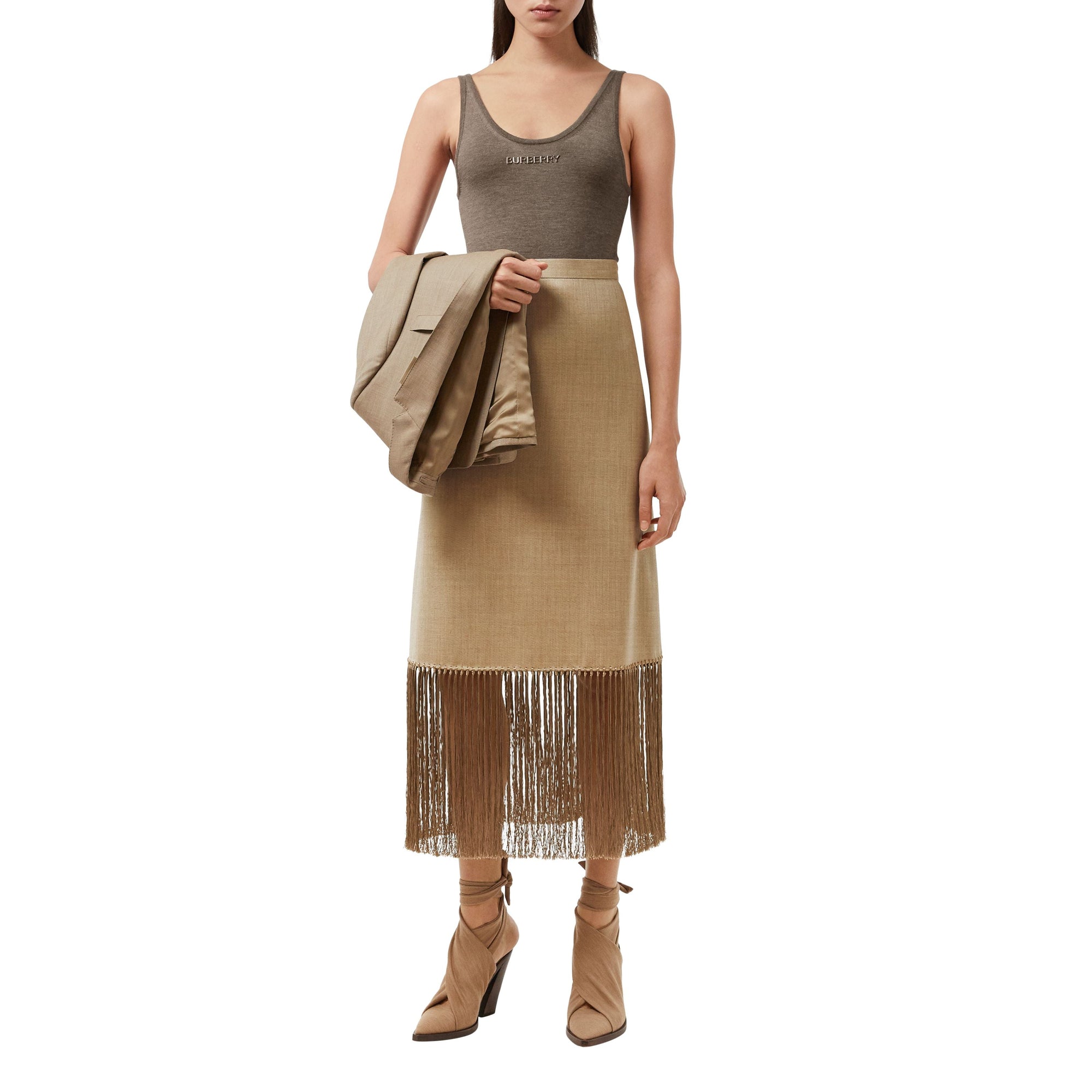 Jupe trapèze en laine et cachemire à franges - Pecan Melange