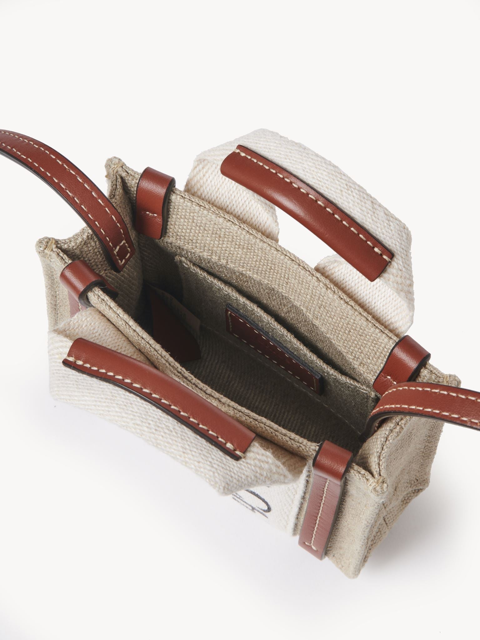 Nano sac cabas Woody à bandoulière en lin - White & Brown