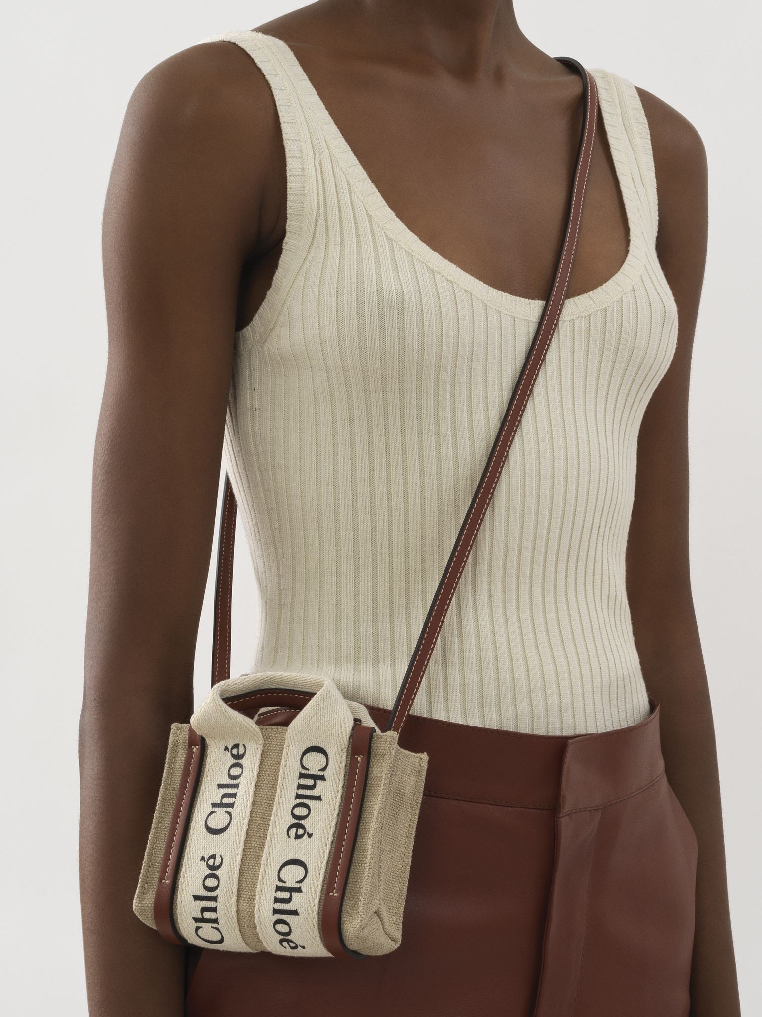 Nano sac cabas Woody à bandoulière en lin - White & Brown