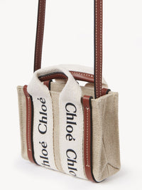Nano sac cabas Woody à bandoulière en lin - White & Brown