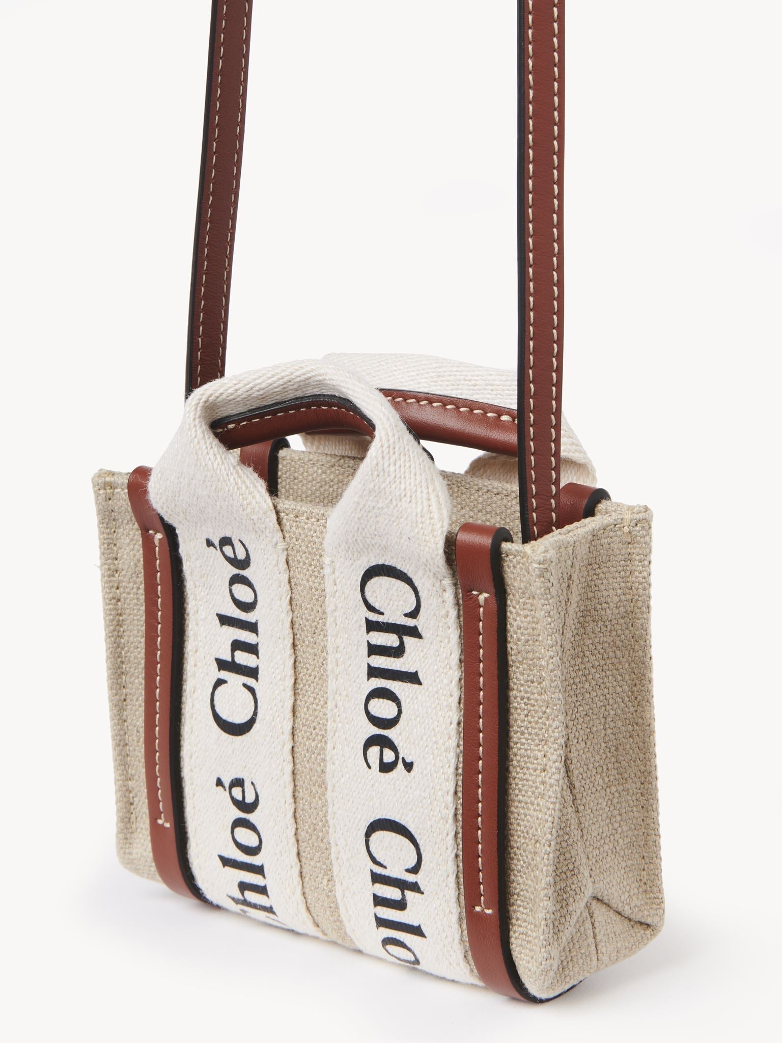 Nano sac cabas Woody à bandoulière en lin - White & Brown