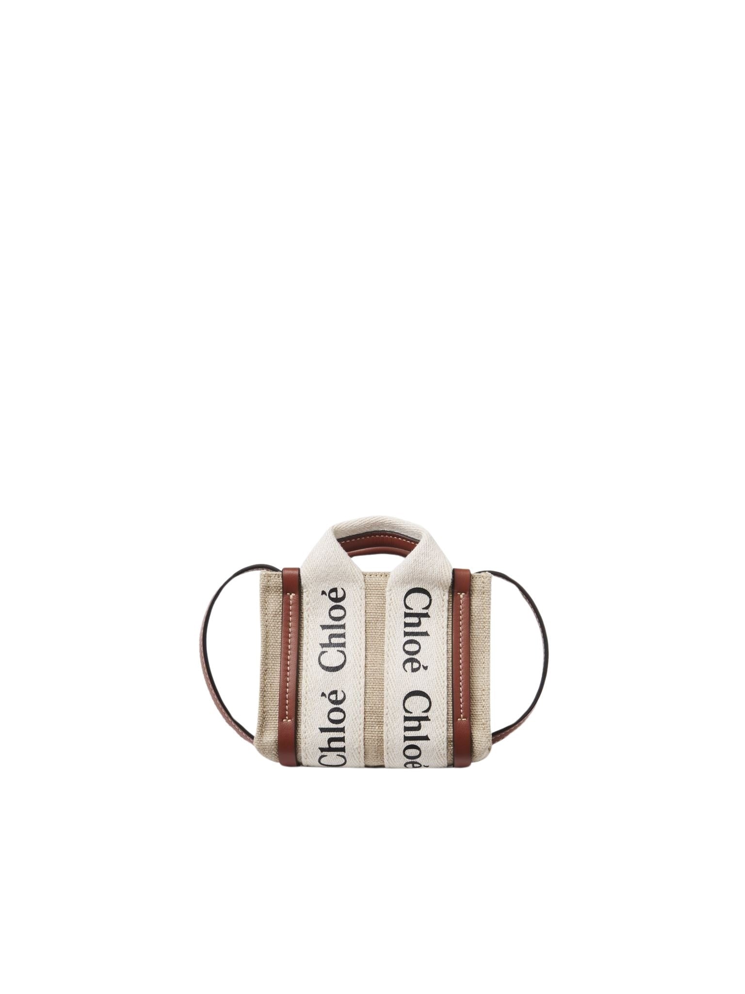 Nano sac cabas Woody à bandoulière en lin - White & Brown