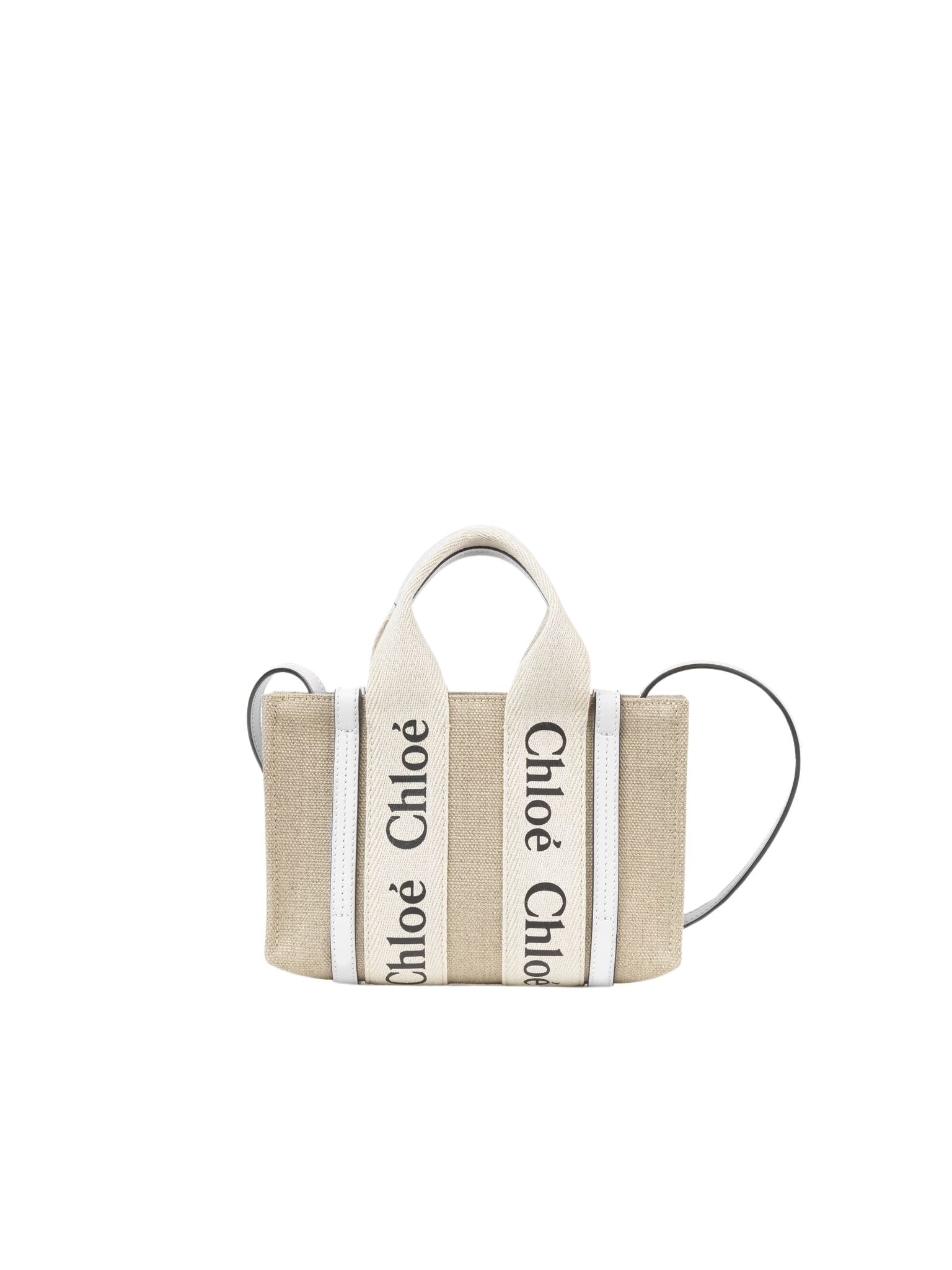 Mini sac cabas Woody à bandoulière en lin - Blanc