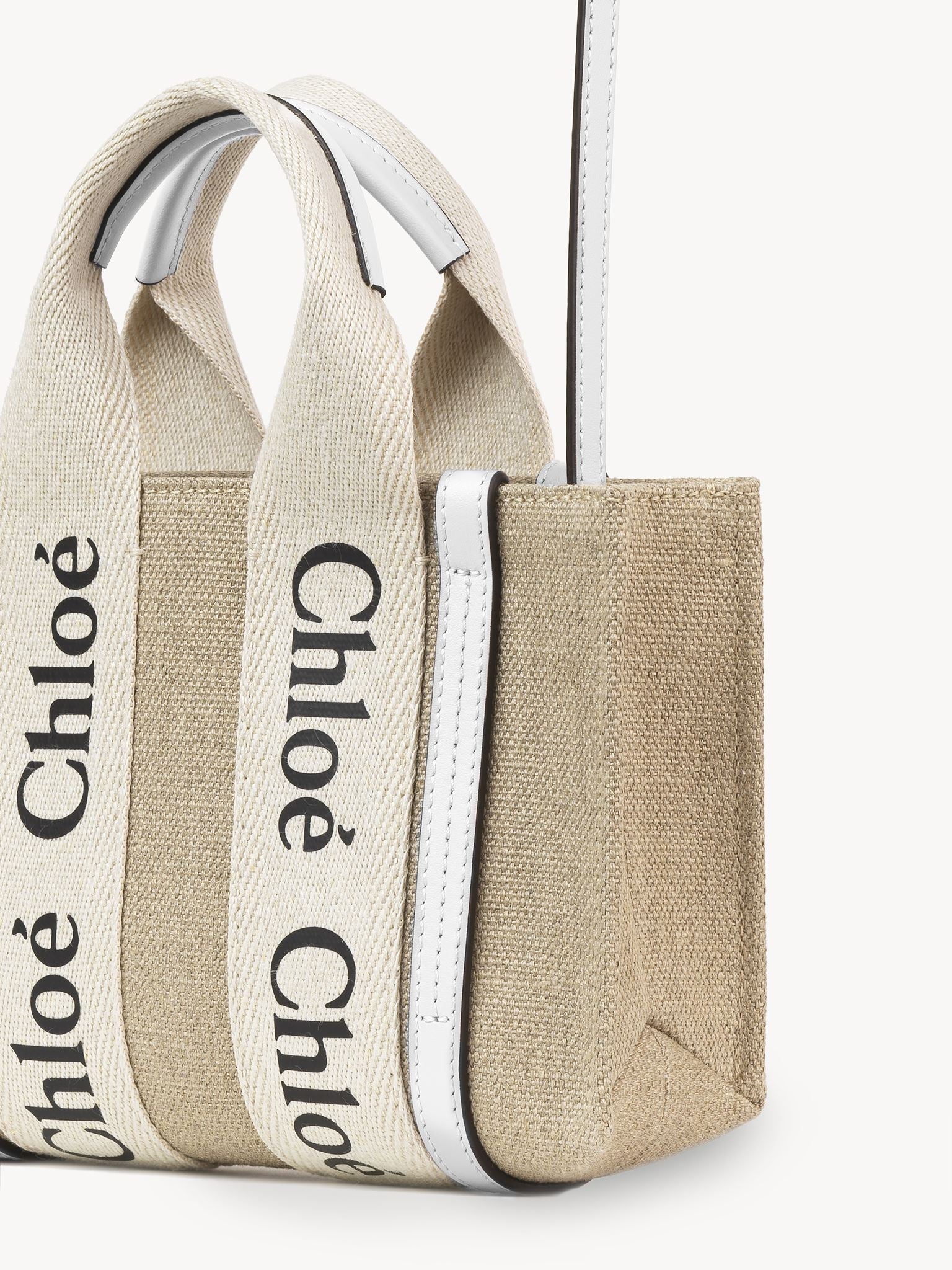 Mini sac cabas Woody à bandoulière en lin - Blanc